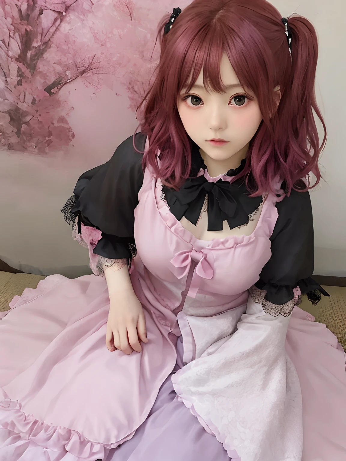 Realistic pictures of cute girls、top-quality、Delicate、（1girl in、japanes、12year old、a beauty girl、Idol、（Reddish-purple hair、bobhair、（Side Up Tail、Tie your hair on the side）、（The eye、beautidful eyes、Shining eyes、Brown eyes、Big eyes、drooing eyes）、little blush、（Goth loli costume with lots of pink frills）、Esmanium、Looking at the camera)、close up shot from the top