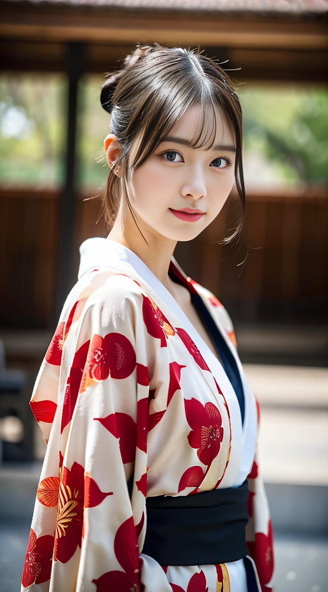 (((32ｋ,high detal,high-detail、​masterpiece,Attention to detail,full body Esbian,独奏))),Raw photo & realistic atmosphere,beautiful dark blue eyes,Detailed mouth,Glossy lips,Detailed eyebrows,Eyes drawn in detail with soft white skin that shines in every detail、Very beautiful eyes with azure eyes,Detailed lips、Very beautiful face,Very well-formed face、Lifelike face,shiny beautiful lips,Beautiful eyebrows,Infinite reality, Realistic Young Gravure Idol,Very cute high school girl, , Young Sensual Gravure Idol, Young Gravure Idol, extremely beautiful and cute１7--old pointed beautiful girl,with a flushed face,Incredibly beautiful and classy１7 year beautiful girl,natural soft light,（Black shiny hair,,bare-legged,Samurai kimono and black hakama,Beautiful kind eyes：1.5）,（youthfulness,Severe wear and tear,Exposed thighs,Thighs protruding from hakama,Gentle smile,well-shaped breasts,,Immature body,Japan samurai kimono,Japanese style berry shorthair,Hang your hair high and tie it into one,Beautiful posture,posterior view,facing back,no-makeup,woman samurai,woman swordsman,Clothes like Shinsengumi,Looking into the distance,Japanese pattern haori,Japanese style hair ornament,cleavage of the breast,No bra,Blue Hakama,Samurai kimono with Japanese pattern：1.6）