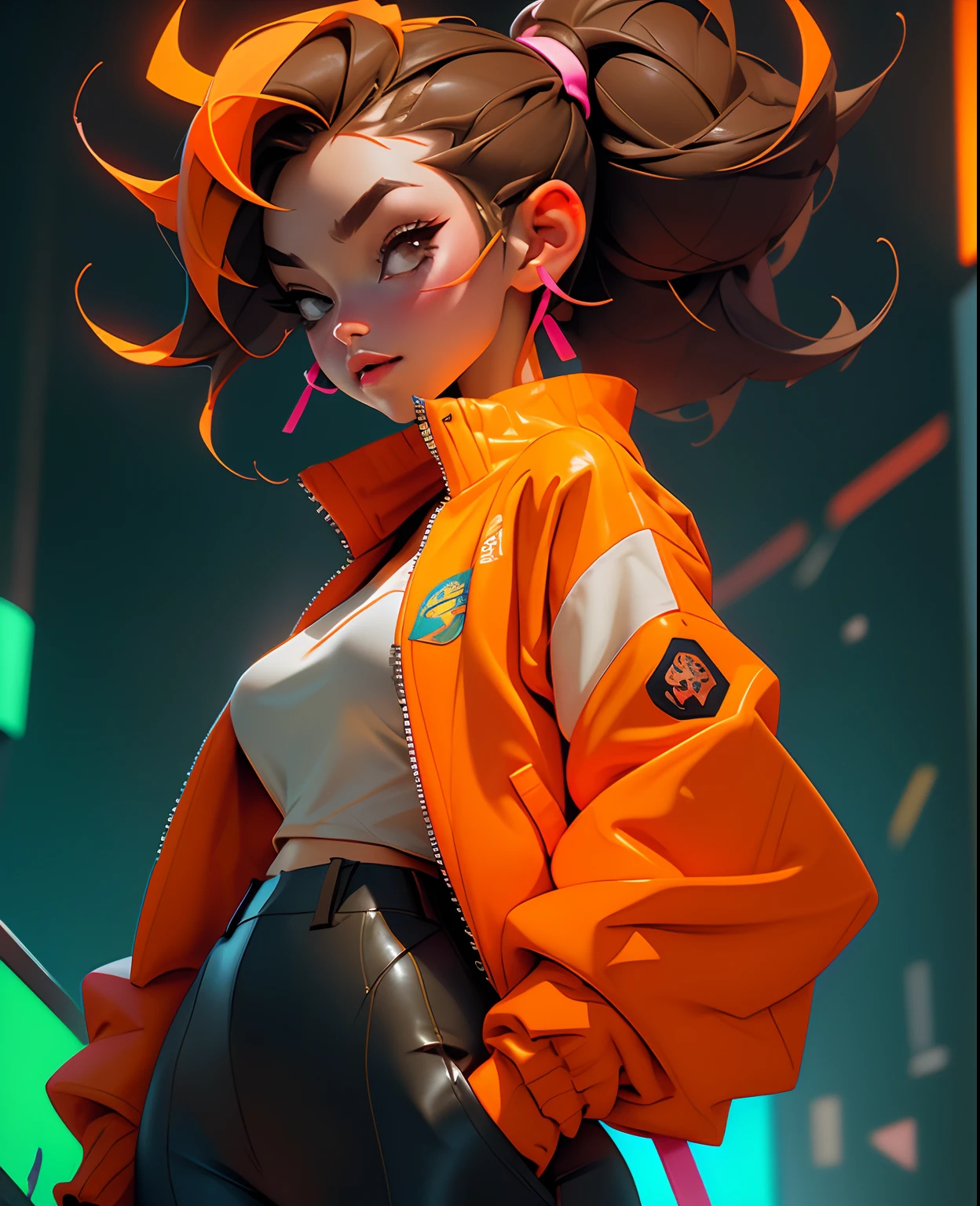 ((best qualtiy)),((tmasterpiece)),((Realistis))Hyper-detail photography with a book girl wearing neon headphones。She's having((brunette color hair)),Wear an orange tech jacket,Exuding((Beauty and aesthetics))The atmosphere。Bigchest