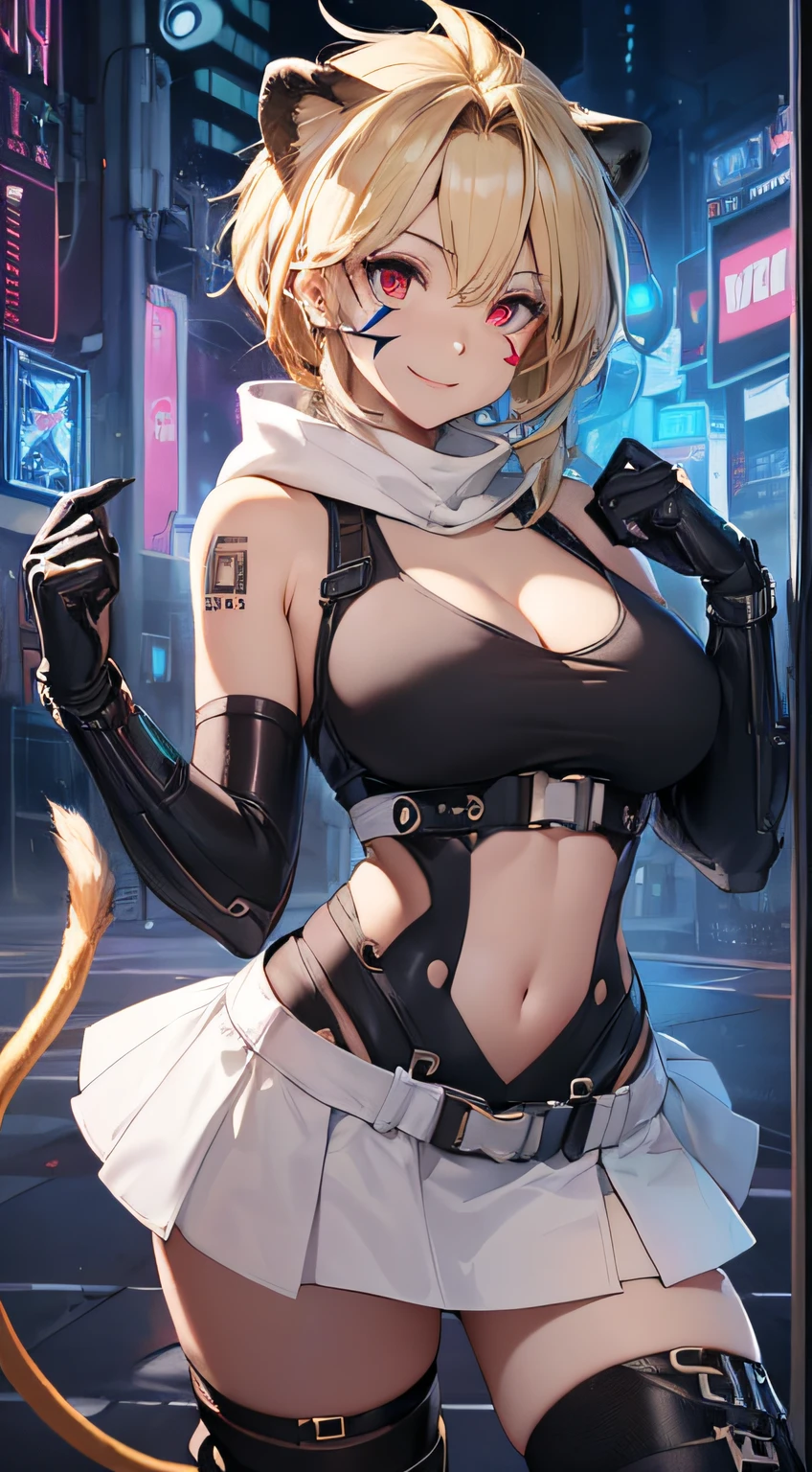 top-quality、Top image quality、​masterpiece、girl with((18year old、Black and white cyber tank top、Green Line Cyber Short Skirt、Shining Cyber White Hoodie、Best Bust、Bust 90、Blonde Away Tail、Red Eyes、open chest wide、Valley、Happiness、A slender、ssmile、Red Face Paint、Black scarf、Reflecting the whole body、Lion Pose、Slouched)）hiquality、Beautiful Art、Background with((nightcity、cyberpunked、nightclubs))、masutepiece、Elaborate design、visualart、