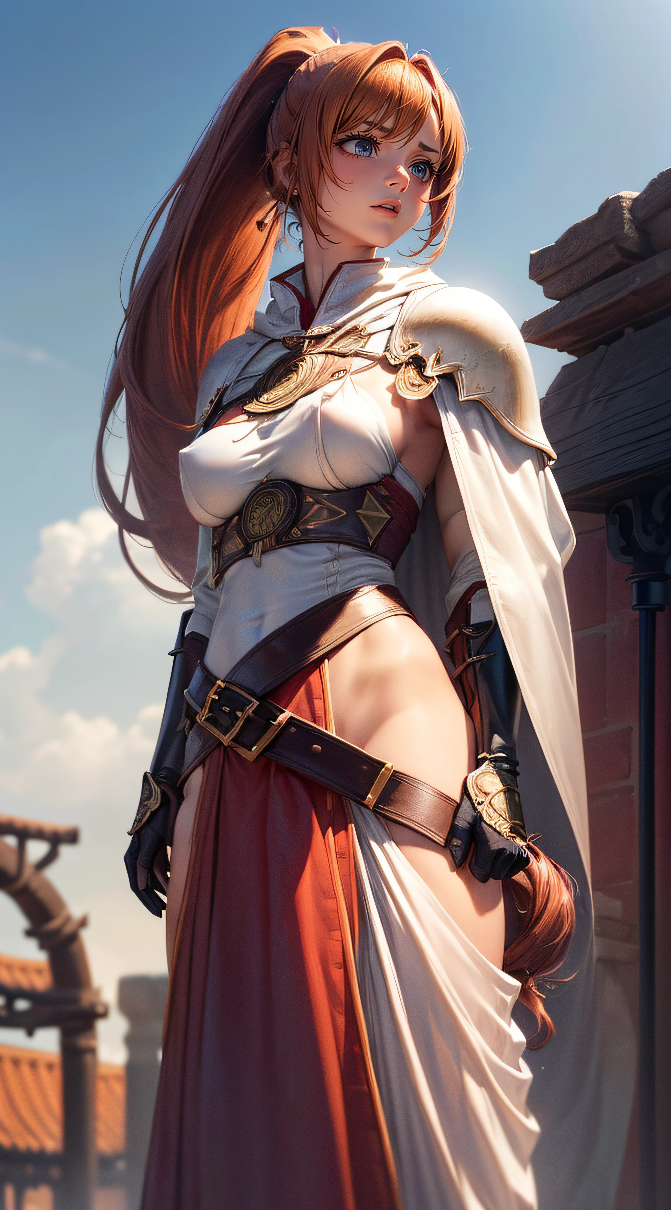 ((from below:1.2),(looking at viewer:1.5)),(1girl,full body,beautiful breasts,medium breasts,pale skin,pointy breasts,erect nipples,sweat),(clothed:1.2,leather boots,(carbon white waist-cape armor:1.5),belt sword,(embroidered red china clothes:1.5,(long silk sarong:1.2))),(((realistic:2),high resolution,best quality,masterpiece)),((extra long ponytail:1.2),hair blowing in the wind,blunt bangs,(extra light coppery red hair,highlight color),hair over one eye,hair blowing in the wind),(face forward,stand facing forward,(Brave stance:1.2)),(water:1.2)