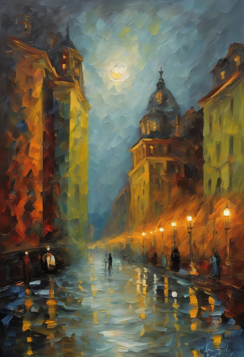 A mysterious, ethereal January night in an oil painting style inspired by Van Gogh. The shattered Rockefeller building adds a touch of evil to the scene. The colors are vibrant, with the texture of brushstrokes adding depth to the surreal ambiance. The moonlit night creates a dreamlike atmosphere, with intricate and complex details that are both haunting and melancholic. The twisted perspective adds a sense of unease and confusion.