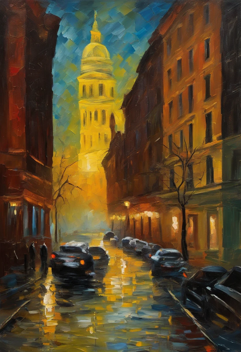 A mysterious, ethereal January night in an oil painting style inspired by Van Gogh. The shattered Rockefeller building adds a touch of evil to the scene. The colors are vibrant, with the texture of brushstrokes adding depth to the surreal ambiance. The moonlit night creates a dreamlike atmosphere, with intricate and complex details that are both haunting and melancholic. The twisted perspective adds a sense of unease and confusion.