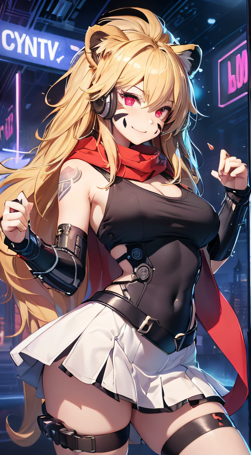 top-quality、Top image quality、masterpiece、girl with((18year old、Black and white cyber tank top、Green Line Cyber Short Skirt、Shining Cyber White Hoodie、Best Bust、Bust 90、Blonde Away Tail、Red Eyes、open chest wide、Valley、Happiness、A slender、ssmile、Red Face Paint、Black scarf、Reflecting the whole body、Lion Pose、Slouched))hiquality、Beautiful Art、Background with((nightcity、cyberpunked、nightclubs))、masutepiece、Elaborate design、visualart、