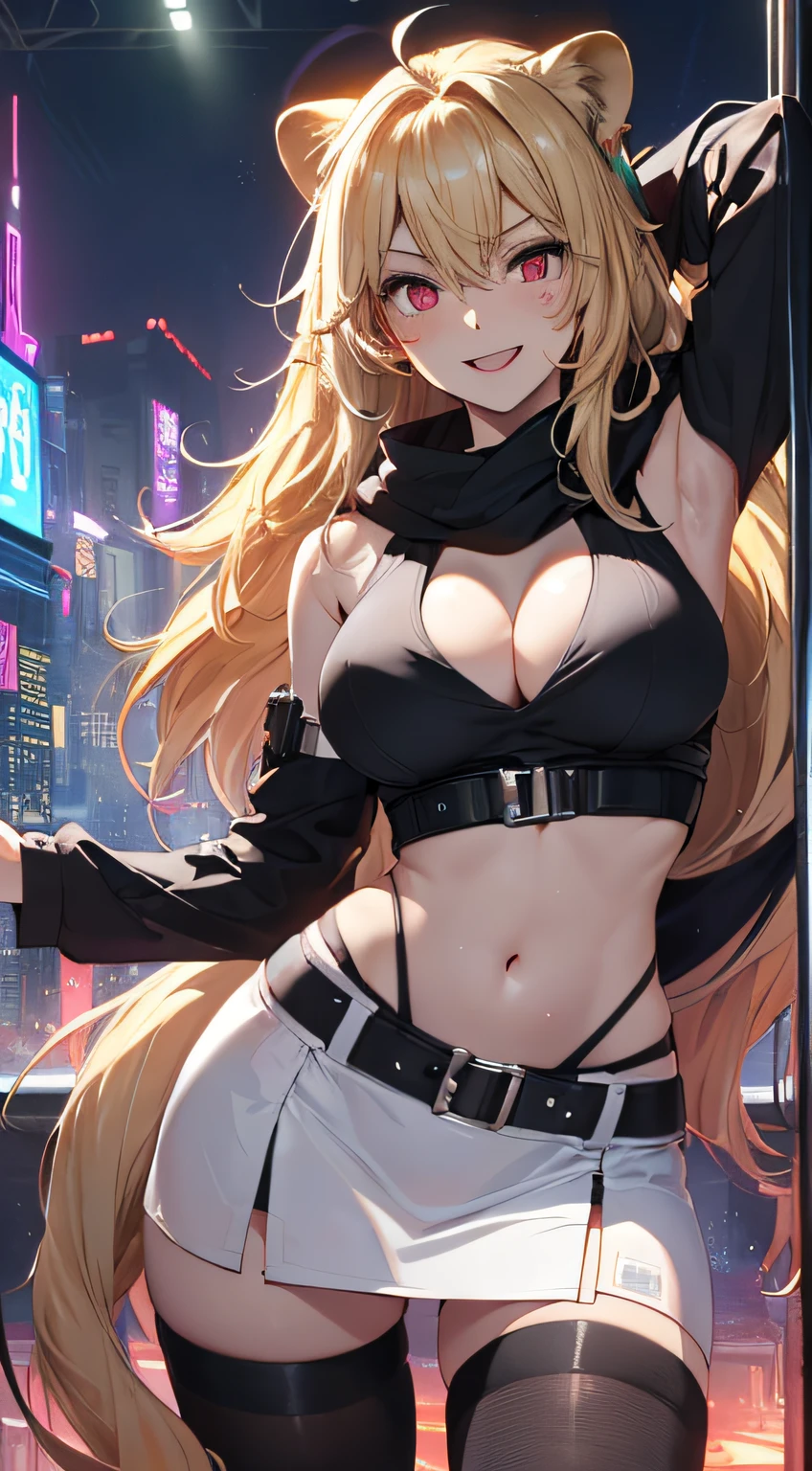 top-quality、Top image quality、masterpiece、girl with((18year old、Black and white cyber tank top、Green Line Cyber Short Skirt、Shining Cyber White Hoodie、Best Bust、Bust 90、Blonde Away Tail、Red Eyes、open chest wide、Valley、Happiness、A slender、ssmile、Red Face Paint、Black scarf、Reflecting the whole body、Lion Pose、Slouched))hiquality、Beautiful Art、Background with((nightcity、cyberpunked、nightclubs))、masutepiece、Elaborate design、visualart、