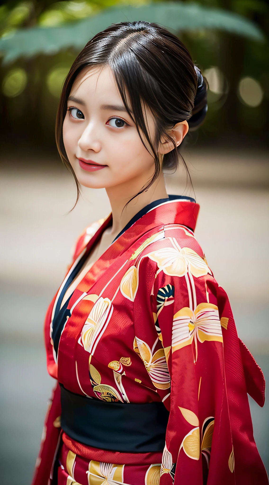 (((32k,high detal,high-detail、masterpiece,Attention to detail,full body Esbian,独奏))),Raw photo & realistic atmosphere,beautiful dark blue eyes,Detailed mouth,Glossy lips,Detailed eyebrows,Eyes drawn in detail with soft white skin that shines in every detail、Very beautiful eyes with azure eyes,Detailed lips、Very beautiful face,Very well-formed face、Lifelike face,shiny beautiful lips,Beautiful eyebrows,Infinite reality, Realistic Young Gravure Idol,Very cute high school girl, , Young Sensual Gravure Idol, Young Gravure Idol, extremely beautiful and cute17-year-old pointed beautiful girl,with a flushed face,Incredibly beautiful and classy17 year old beautiful girl,natural soft light,(Black shiny hair,,bare-legged,Samurai kimono and black hakama,Beautiful kind eyes:1.5),(youthfulness,Severe wear and tear,Exposed thighs,Thighs protruding from hakama,Gentle smile,well-shaped breasts,,Immature body,Japan samurai kimono,Japanese style berry shorthair,Hang your hair high and tie it into one,Beautiful posture,posterior view,facing back,no-makeup,woman samurai,woman swordsman,Influence of Shinsengumi,Looking into the distance,Japanese pattern haori,Japanese style hair ornament,cleavage of the breast,Wearing bowl rolls,No bra,Blue Hakama,Samurai kimono with Japanese pattern:1.6)