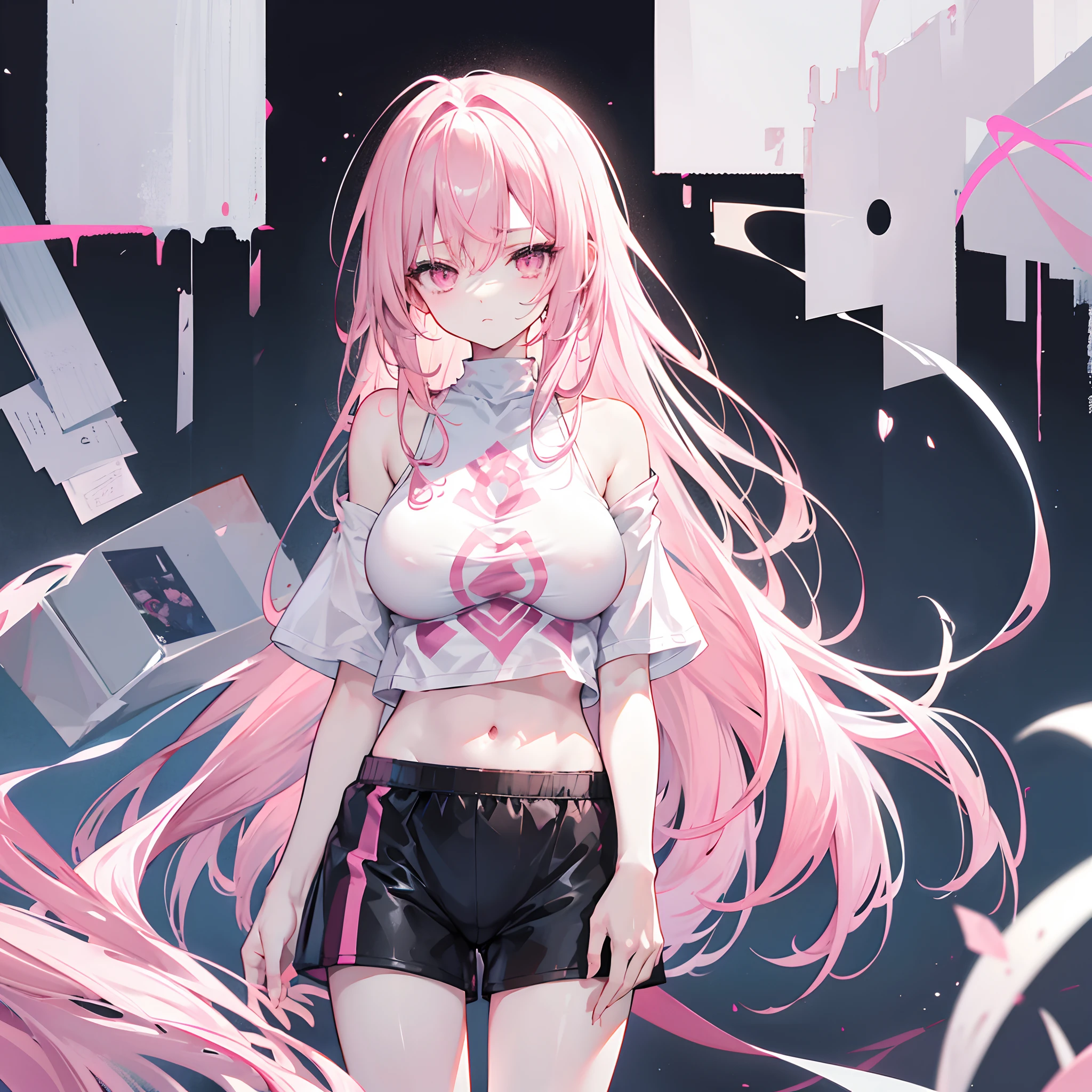 Long pale pink hair scattered，Microvolumes，Pink eyes，White off-the-shoulder short sleeves，Protruding ，Black sports shorts，A sad expression，Place one hand on your chest，huge tit