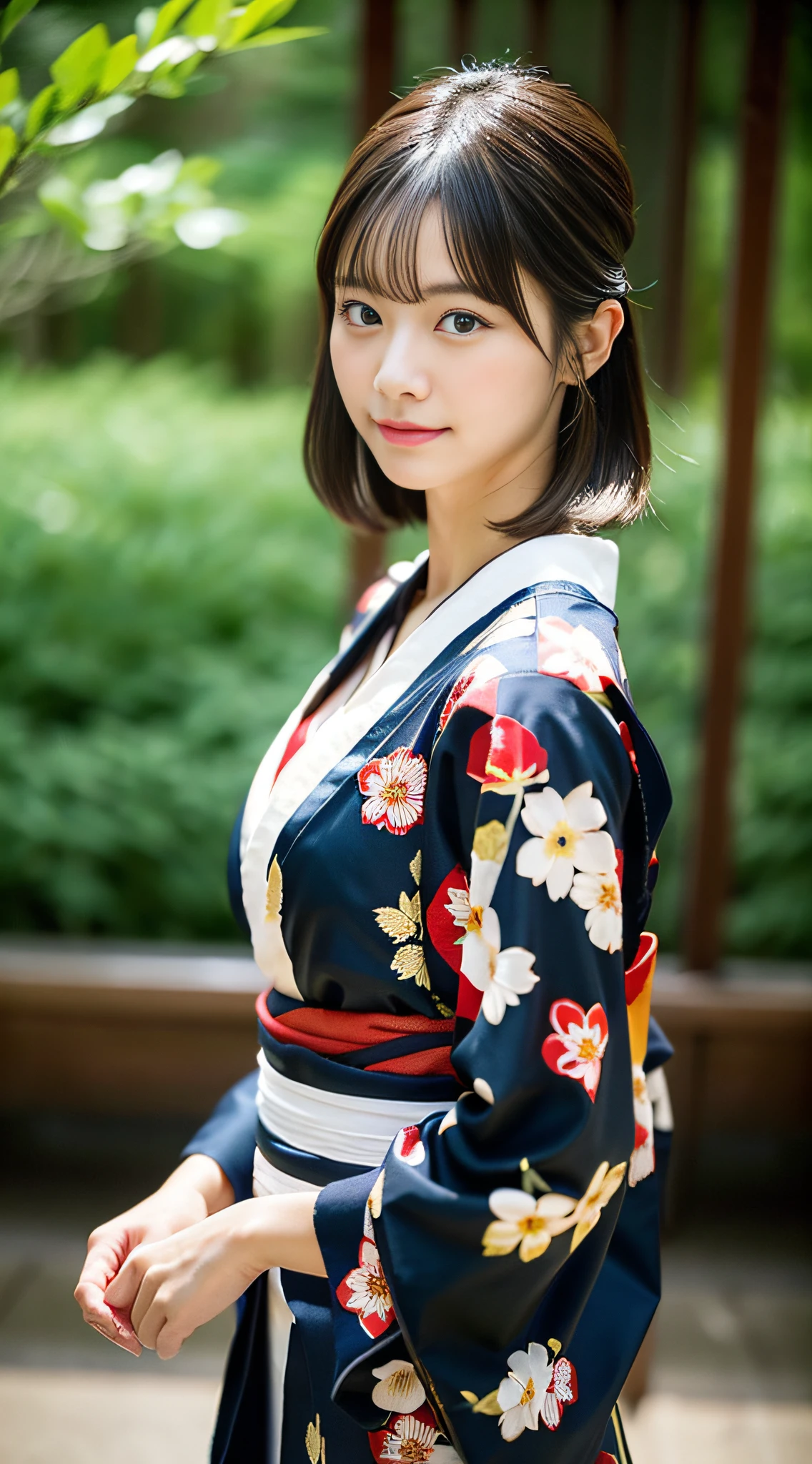 (((32ｋ,high detal,high-detail、​masterpiece,Attention to detail,full body Esbian,独奏))),Raw photo & realistic atmosphere,beautiful dark blue eyes,Detailed mouth,Glossy lips,Detailed eyebrows,Eyes drawn in detail with soft white skin that shines in every detail、Very beautiful eyes with azure eyes,Detailed lips、Very beautiful face,Very well-formed face、Lifelike face,shiny beautiful lips,Beautiful eyebrows,Infinite reality, Realistic Young Gravure Idol,Very cute high school girl, , Young Sensual Gravure Idol, Young Gravure Idol, extremely beautiful and cute１7-year-old pointed beautiful girl,with a flushed face,Incredibly beautiful and classy１7 year old beautiful girl,natural soft light,（Black shiny hair,,bare-legged,Samurai kimono and black hakama,Beautiful kind eyes：1.5）,（youthfulness,Severe wear and tear,Exposed thighs,Thighs protruding from hakama,Gentle smile,well-shaped breasts,,Immature body,Japan samurai kimono,Japanese style berry shorthair,Hang your hair high and tie it into one,Beautiful posture,posterior view,facing back,no-makeup,woman samurai,woman swordsman,Influence of Shinsengumi,Looking into the distance,Japanese pattern haori,Japanese style hair ornament,cleavage of the breast,Wearing bowl rolls,No bra,Blue Hakama,Samurai kimono with Japanese pattern：1.6）