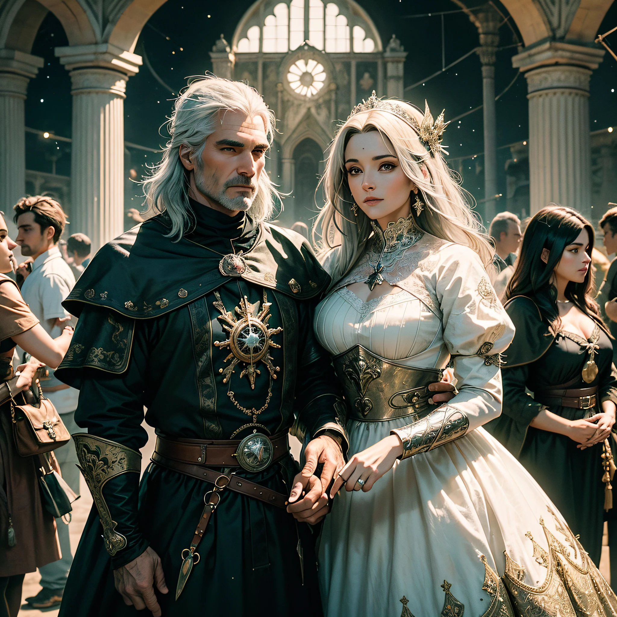 O Bruxo Geralt de Rivia lindo, com uma mulher Negra clara de cabelos cabelos cacheados, who is wearing gorgeous dress from 18th century, They 2 are a couple and are very close to each other, The two look confidently and earnestly forward, Os dois parados, in front of the palace of Anchieta, night and starry sky, HDR, feature, Mola 35mm, ultra detalhes, detalhes de textura precisos , UHD,16k, --auto