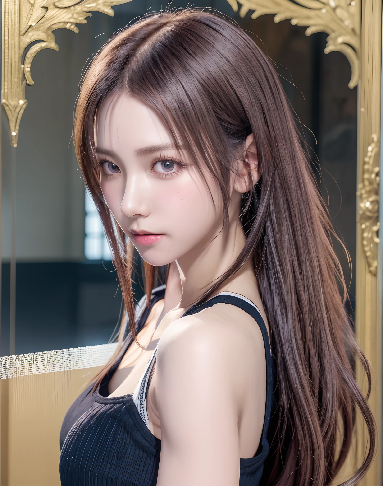 high quality picture, masutepiece, detailed hair texture, Detailed skin texture, Detailed Cloth Texture, 8K, Add fabric details, ultra detailed skin texture, ultra detailed photographic, Skin pores, Portrait of a girl, wearing tank top, Add cloth details, h...