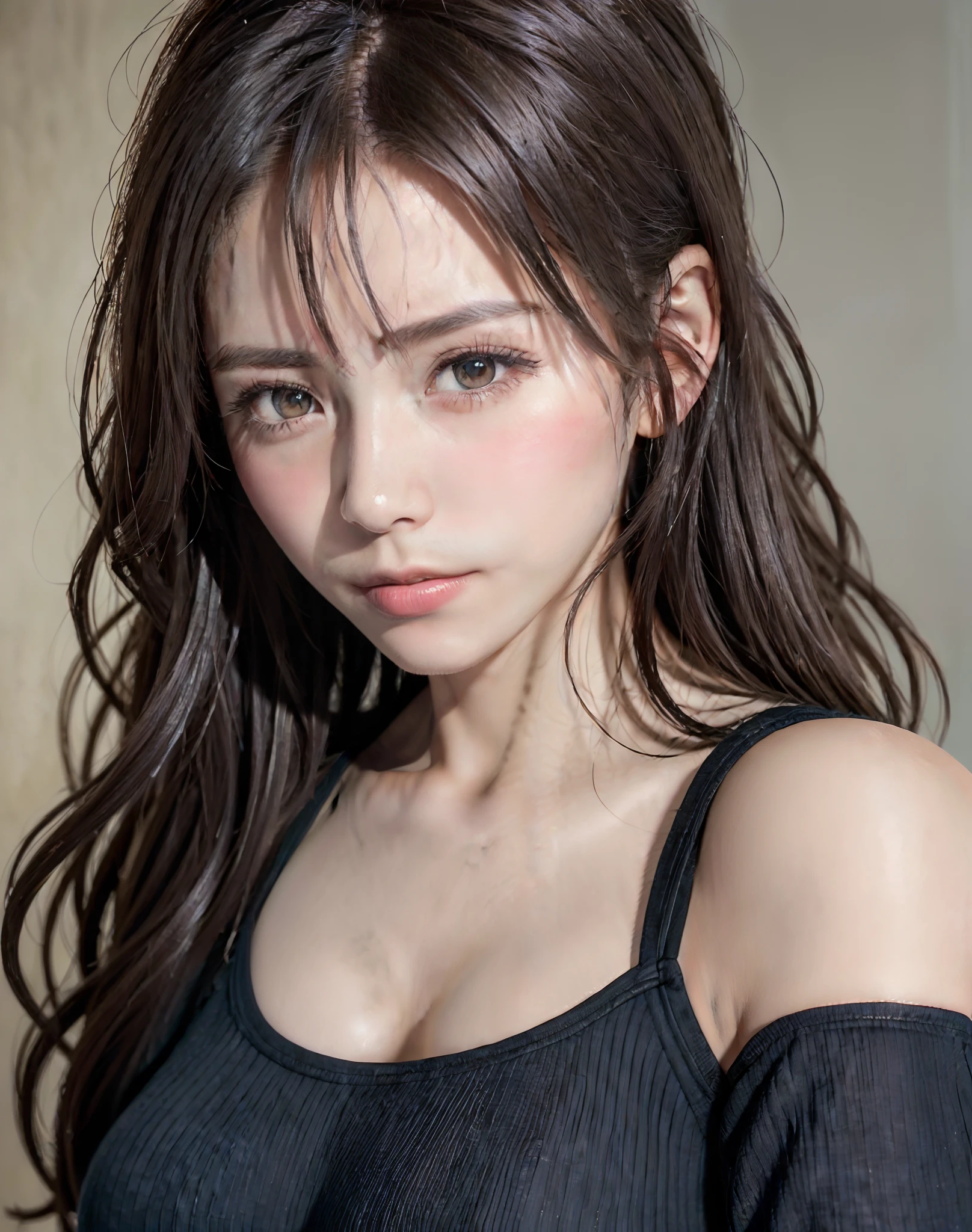 Best quality, masterpiece, ultra high resolution, (photorealistic: 1.4), raw photo, brown hair, black leather dress, black choker