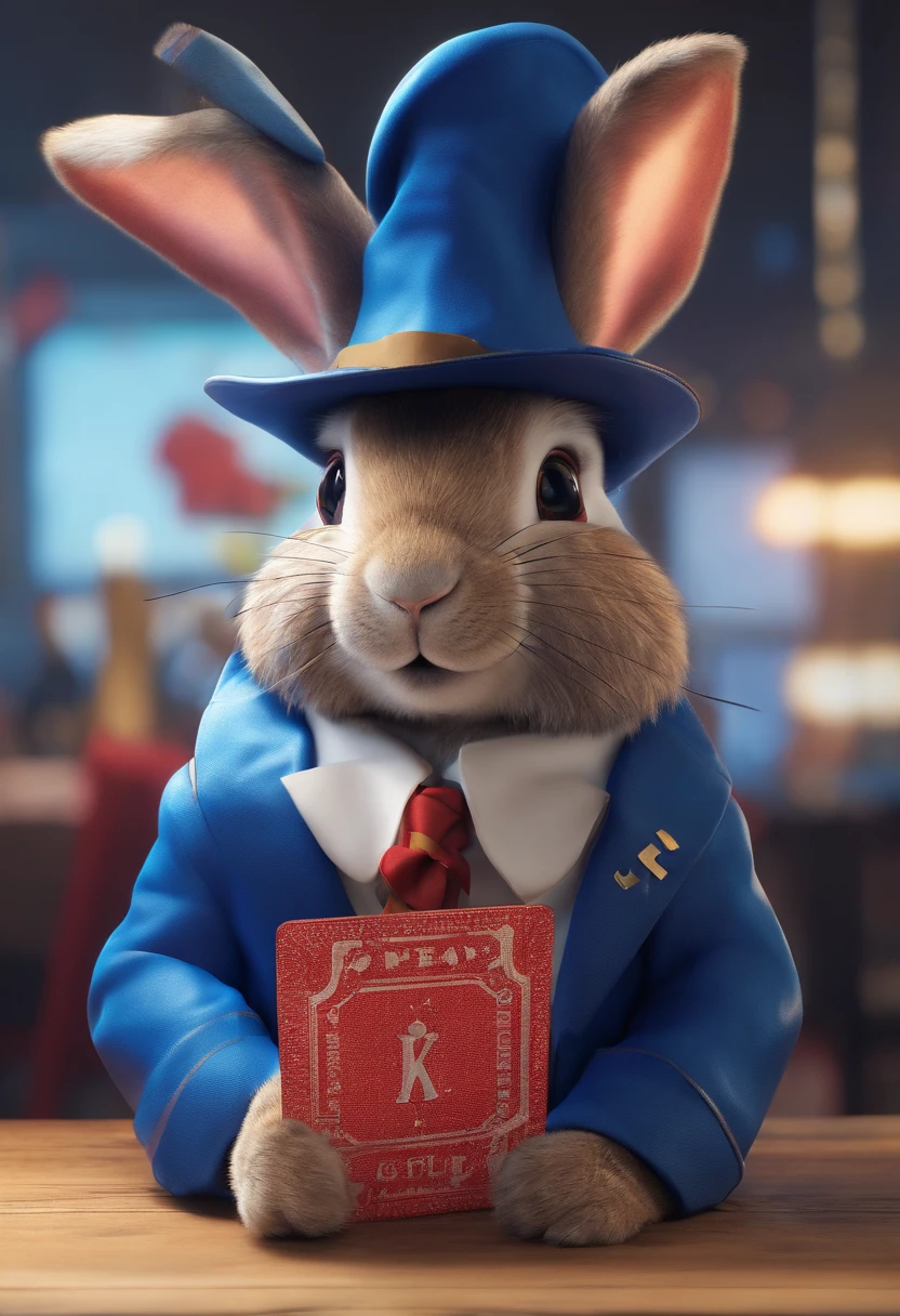 rabbit wearing a blue hat and blue coat, with poker card on his hat