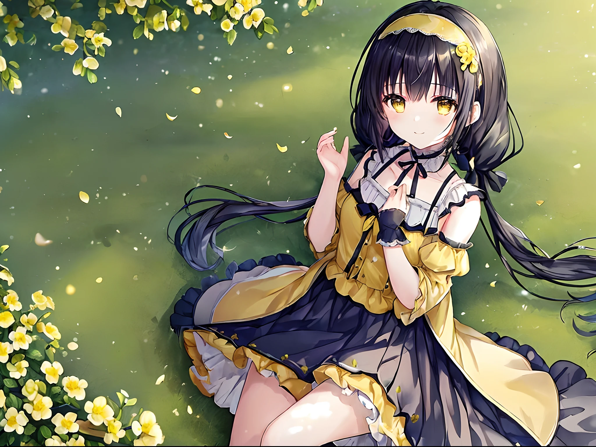 (top-quality、masterpiece:1.5)、Beautiful girl alone、、cute little、shinny skin、(A smile)、(yellow eyes)、Clearing the eyes、tears、A dark-haired、((low twintails))、Yellow Hairband、(Yellow romper)、(Fit clothing)、frilld、off shoulders、Legs look better、Black tights、(Futomo)、(Absolute Area)、detached_sleeves、background grassland、Colorful flowers、natural soft light、Put your hands on your chest、FULL BODYSHOT
