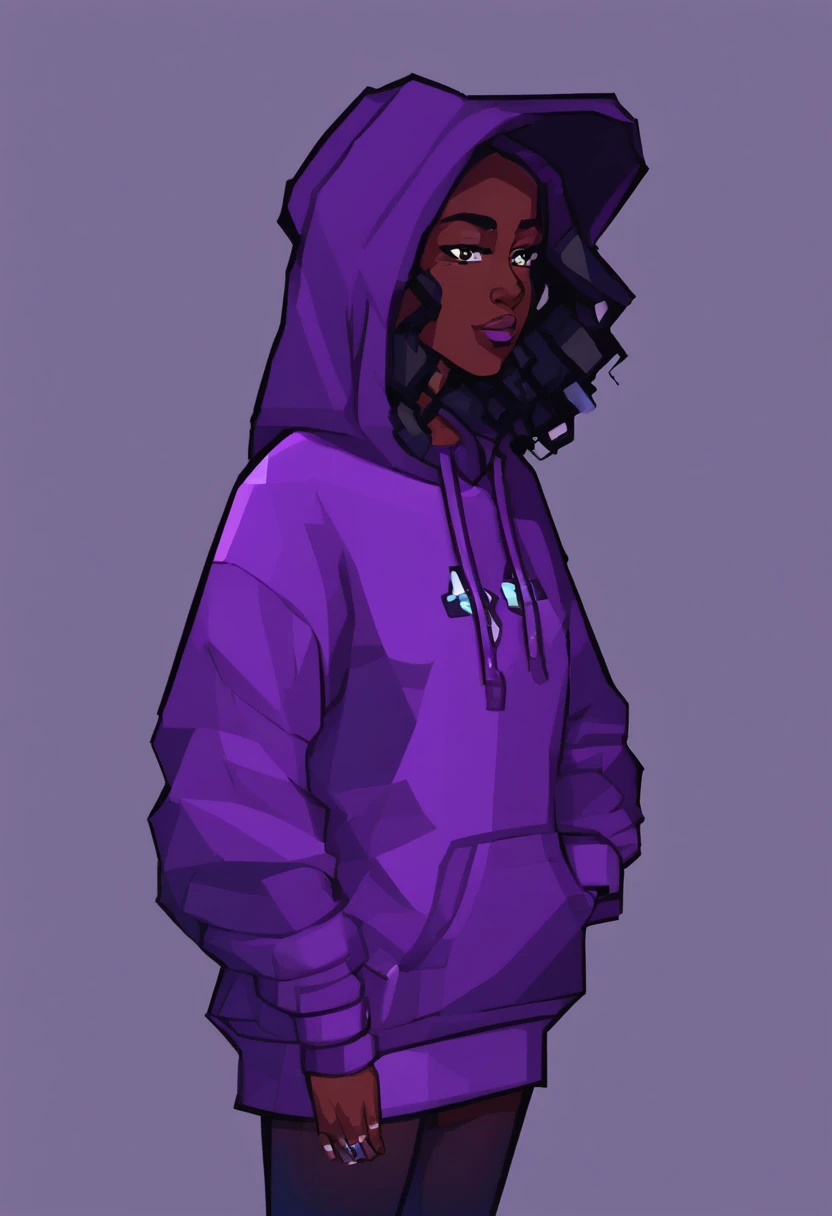 Pixel art. dark skin girl with black wavy long hair wearing purple hoodie. 3d pixel art 4k wallpaper. Incredible pixel art details. Pixel art.