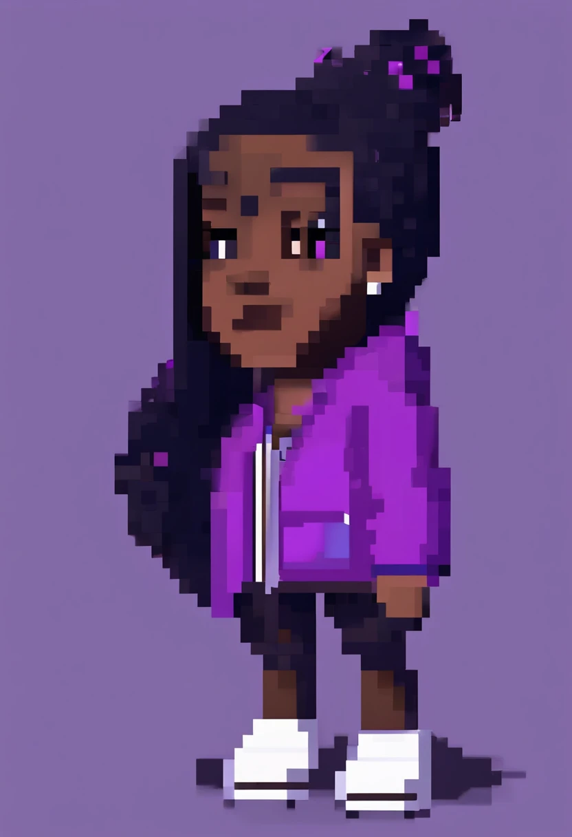 Pixel art. dark skin girl with black wavy long hair wearing purple hoodie. 3d pixel art 4k wallpaper. Incredible pixel art details. Pixel art.