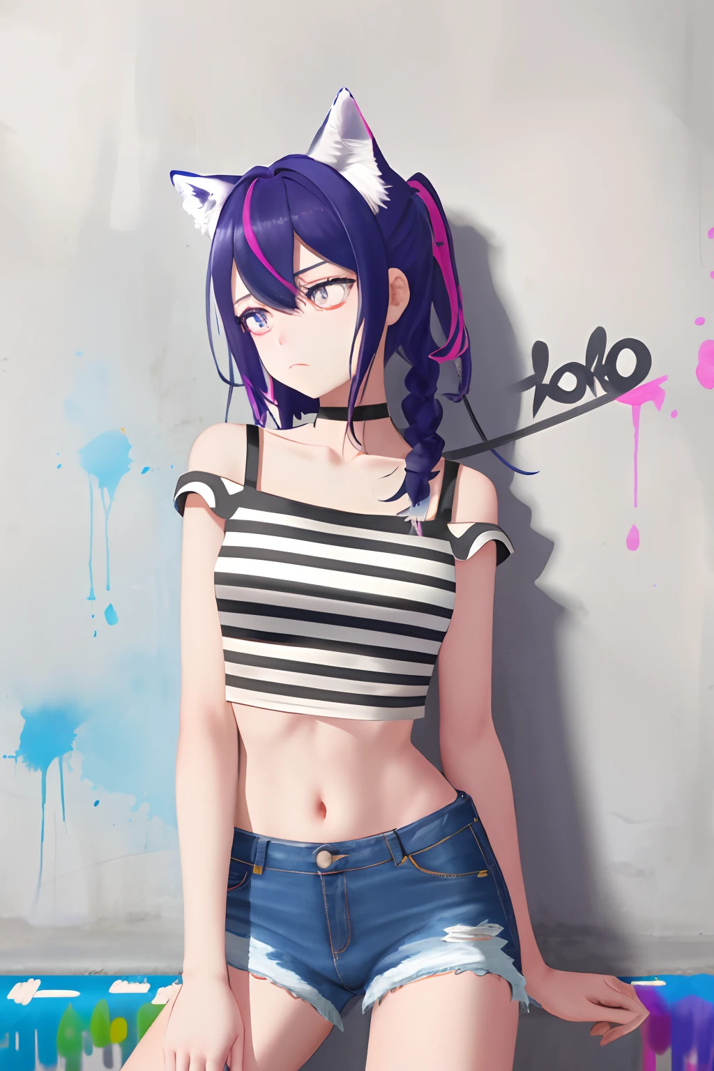 Absurdity, Top quality, Feline eared girl, Solo, Striped hair, Crop top, Denim shorts, Choker, (graffiti: 1.5), Splatters of paint, Arms back, (Leaning forward), Lean back, Leaning against the wall, (Tilting to the side: 0.25), Watch the viewer, Armbands, Thigh straps, Striped hair, Paint on the body, Upturned eyes, Head down, Head tilted, (from the side :0.75), bored, (expressionless: 0.75)