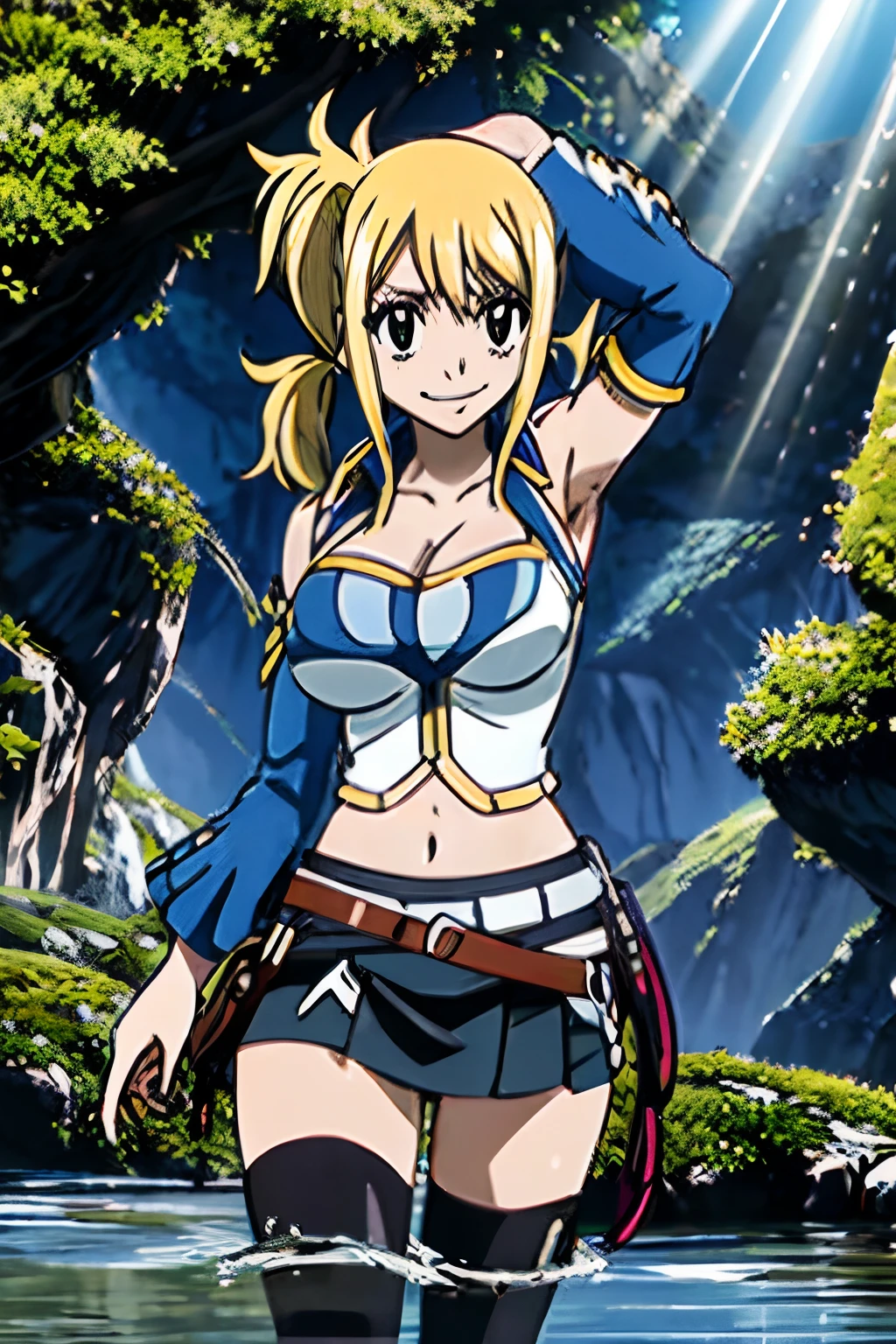 asterpiece, best quality, highres, lucy heartfilia, blonde hair, twintails, large breasts, black thighhighs, detached sleeves, midriff, cropped vest, strapless, belt, black skirt, cowboy shot, outdoors, kicking, smile, light rays, water splash, wet clothes,