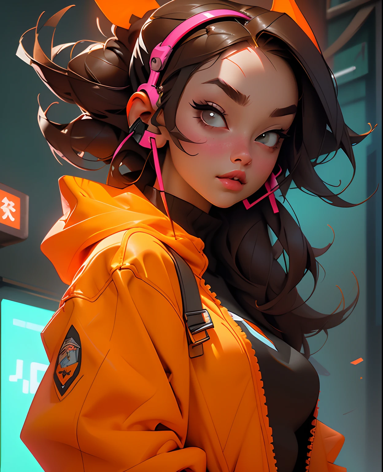 ((best qualtiy)),((tmasterpiece)),((Realistis))Hyper-detail photography with a book girl wearing neon headphones。She's having((brunette color hair)),Wear an orange tech jacket,Exuding((Beauty and aesthetics))The atmosphere。Bigchest