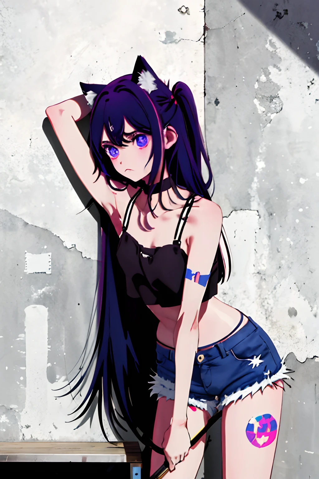 Absurdity, Top quality, Feline eared girl, Solo, Striped hair, Crop top, Denim shorts, Choker, (graffiti: 1.5), Splatters of paint, Arms back, (Leaning forward), Lean back, Leaning against the wall, (Tilting to the side: 0.25), Watch the viewer, Armbands, Thigh straps, Striped hair, Paint on the body, Upturned eyes, Head down, Head tilted, (from the side :0.75), bored, (expressionless: 0.75)