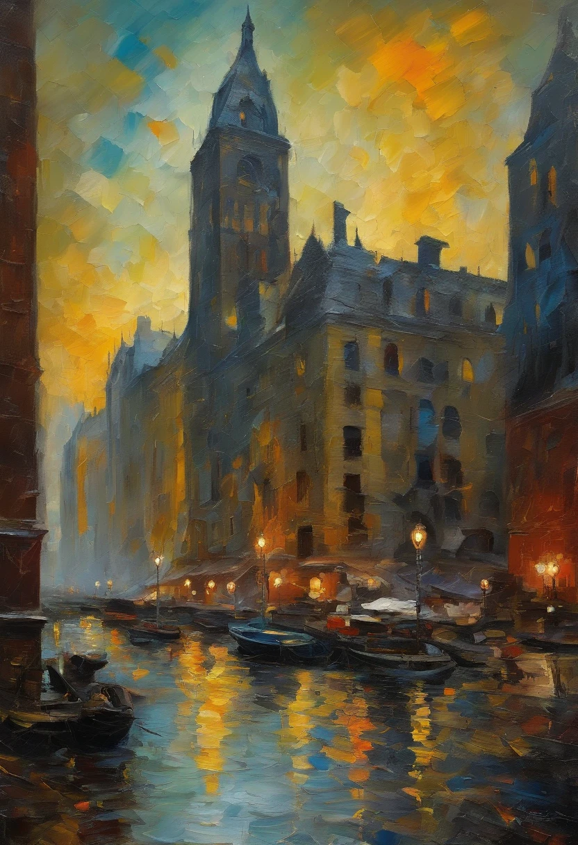 Painting of a city at night with boats in the water - SeaArt AI