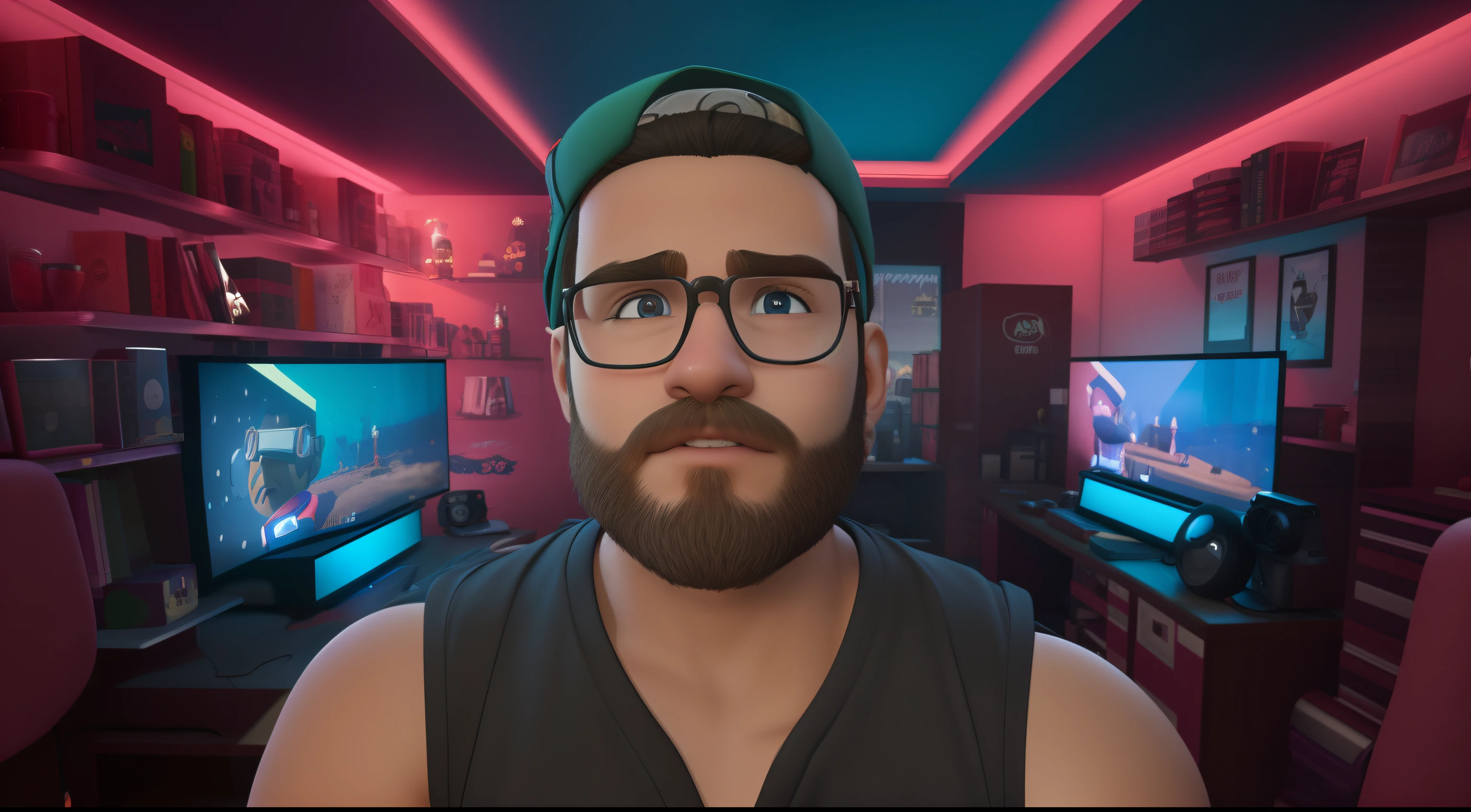 There's a young boy man with glasses, olhos pretos e barba em uma sala com muitos videogames, rosto feliz, Pixar-style animations, 3D-rendering, cor brigth, Animation Lighting, Super Real.