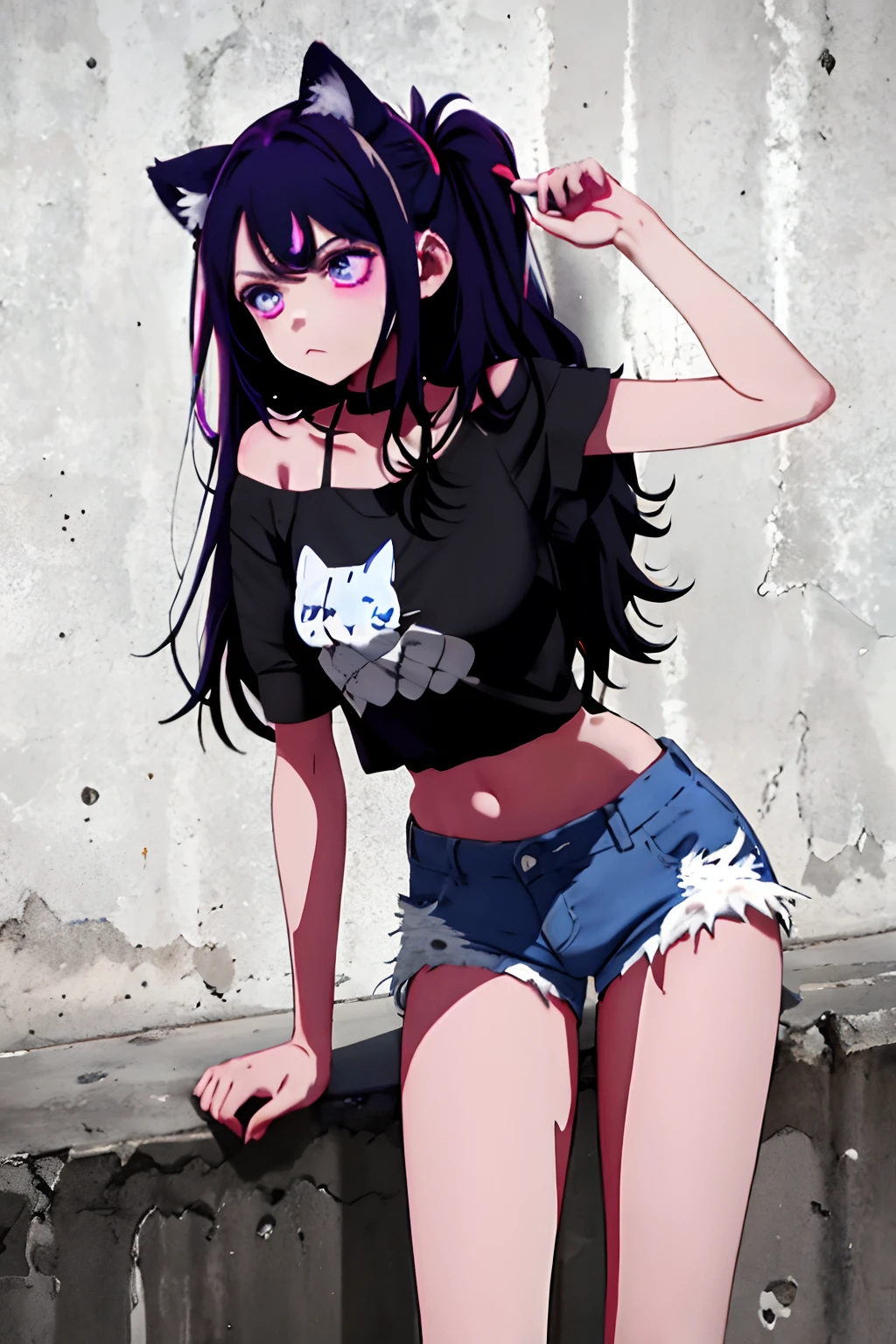 Absurdity, Top quality, Feline eared girl, Solo, Striped hair, Crop top, Denim shorts, Choker, (graffiti: 1.5), Splatters of paint, Arms back, (Leaning forward), Lean back, Leaning against the wall, (Tilting to the side: 0.25), Watch the viewer, Armbands, Thigh straps, Striped hair, Paint on the body, Upturned eyes, Head down, Head tilted, (from the side :0.75), bored, (expressionless: 0.75)