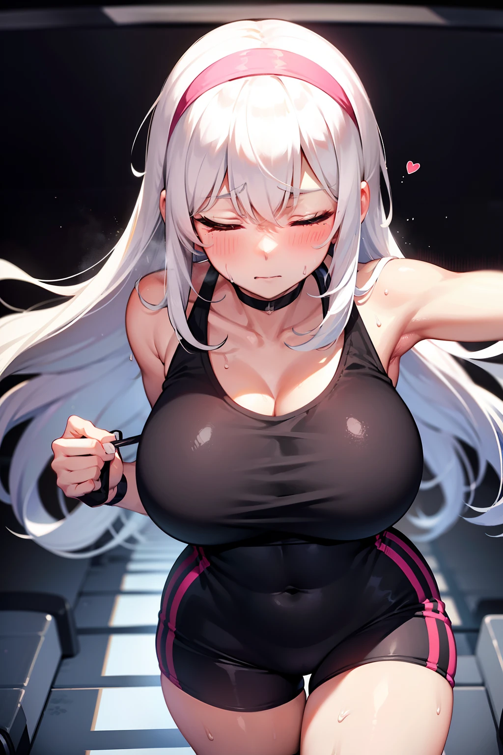 gym, exersice, hot, sweating, sweaty, big boobs, lifting, flustered, blush, black clothes, white hair, long hair, headphones, headset, lean body, sexy body, white hair, in pain, treadmill, running on treadmill, sprinting, sprinting on treadmill, pink headband, pink eyes, spring, sprinting on treadmill, eyes closed, closed eyes