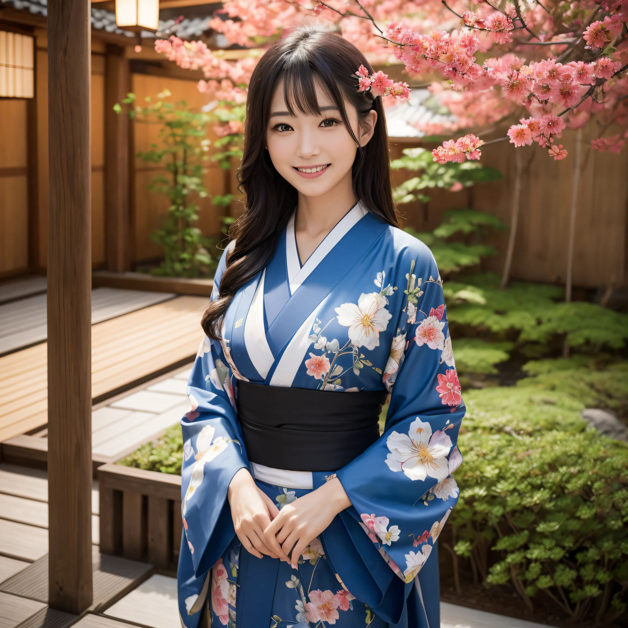 (Woman in Kimono)、((best qualtiy、8k masterpieces:1.3))、foco nítido:1.2、(ultra beautiful faces:1.0)、(shinny skin:1.0)、photos realistic、A dark-haired、Video Lighting、High-definition eyes and face、Video Lighting、Japanese actressl、from the front side、medium breasts、With a happy smile、Slender Abs Beauty、Whole body、wearing kimonos、In the illuminated Japan garden