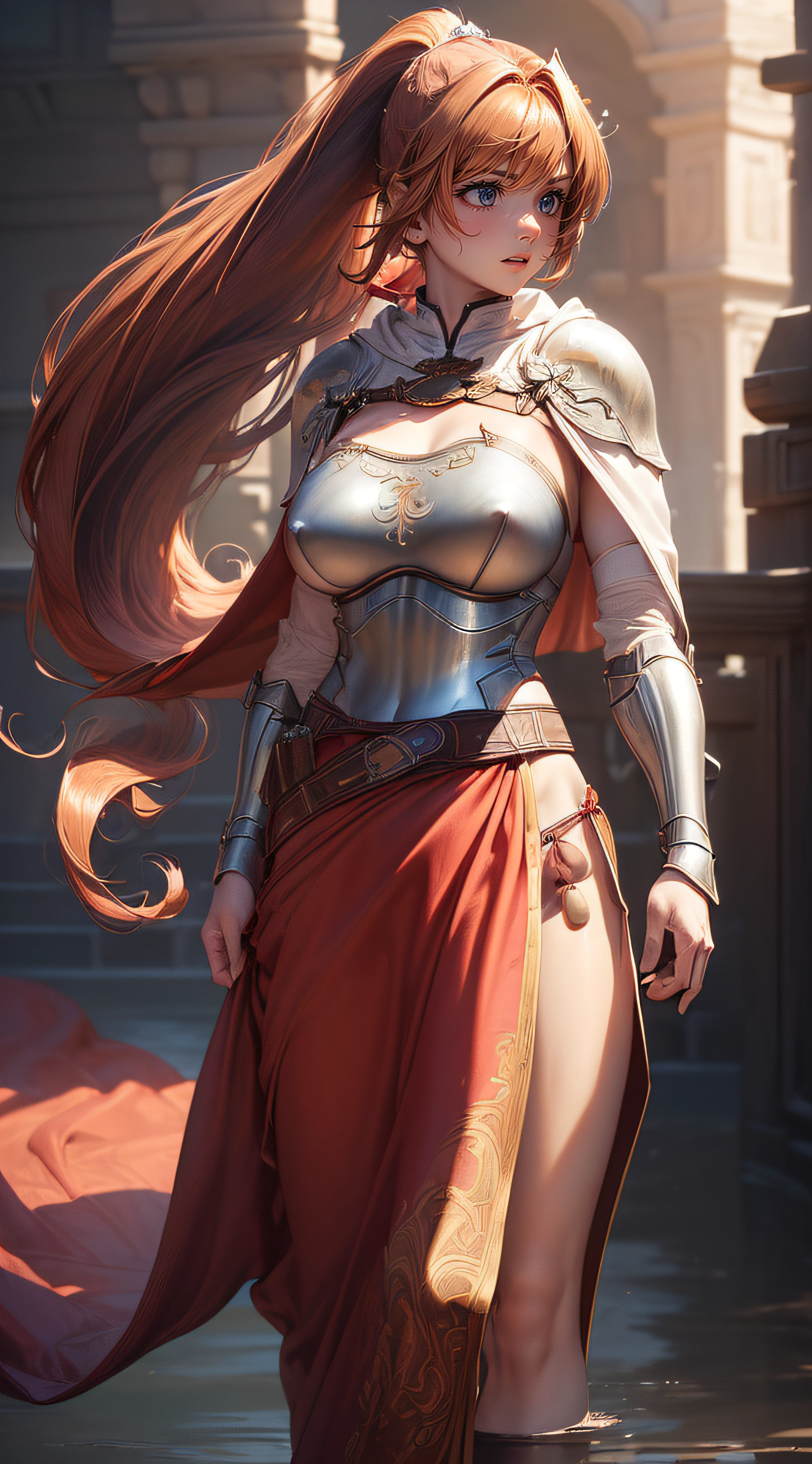 ((from below:1.5),(pov:1.8)),(1girl,full body,beautiful breasts,medium breasts,pale skin,pointy breasts,erect nipples,sweat,outstretched hand),(clothed:1.2,leather boots,(carbon white waist-cape armor:1.5),belt sword,(embroidered red china clothes:1.5,(long silk sarong:1.2))),(((realistic:2),high resolution,best quality,masterpiece)),((extra long ponytail:1.2),hair blowing in the wind,blunt bangs,(extra light coppery red hair,highlight color),hair over one eye,hair blowing in the wind),(face forward,stand facing forward,(Brave stance:1.2)),(water:1.2)