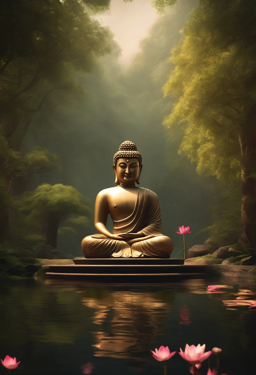 ,Buddha statue on lotus throne among the trees, matte painting, detailed scenery , style raw, 8 k ultra detailed, environment design illustration, scenery art detailed, concept-art, 4k highly detailed digital art, 4 k digital painting, stunning digital illustration, flowers background, digital painting concept art, Detailed digital painting