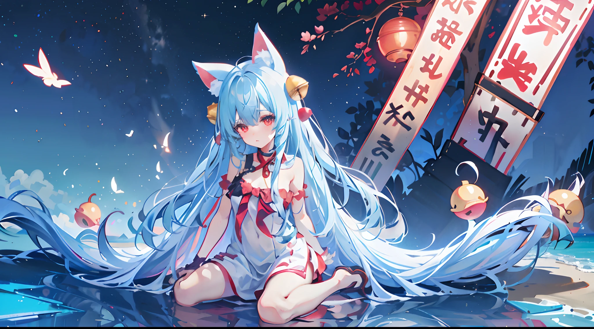 1 girl，Solo, Full of details,  A half body，Solo dance，, Long blue hair, White cat ears, red inside cat ears, a huge red bow from neck to chest, blue pea eyebrows, strapless suspenders, Red eyes, Flat chest, Loli , with very large round yellow bells hanging under each ear，(There are bells under the ears:1.3)，Best quality at best，Complicated details，A high resolution，，8K，Sitting by the sea，Colorful starry sky，starrysky，beachside