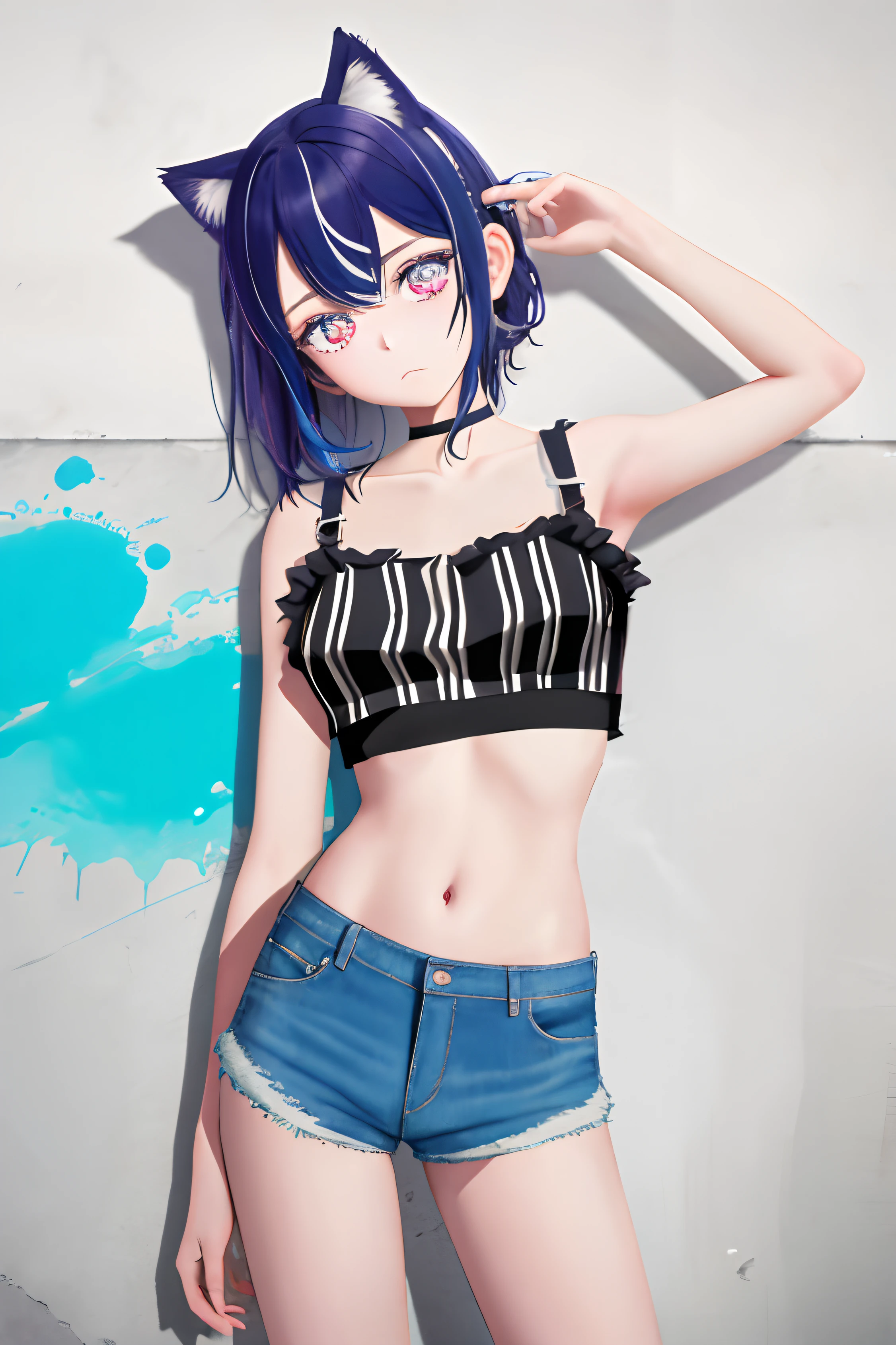 (cabello despeinado), (illustration), retrato, (fondo de ciudad futurista), (arms behind back), ropa ajustada, Cintura delgada, pose provocativa, gran sonrisa, ojos detallados, abdominales fuertes, chica delgada, strong abs, muscle girl, front pose, big thighs, focus on face, small breast, large city background, blue hair, Tank top with skirt, sit on rock, detailed vagina