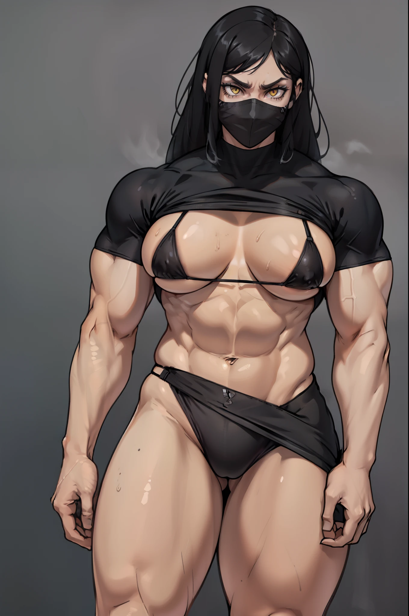 (((((1 girl grey background muscular))))) angry yellow eyes black hair pale skin thick thighs  mound micro bikini solo standing sweaty