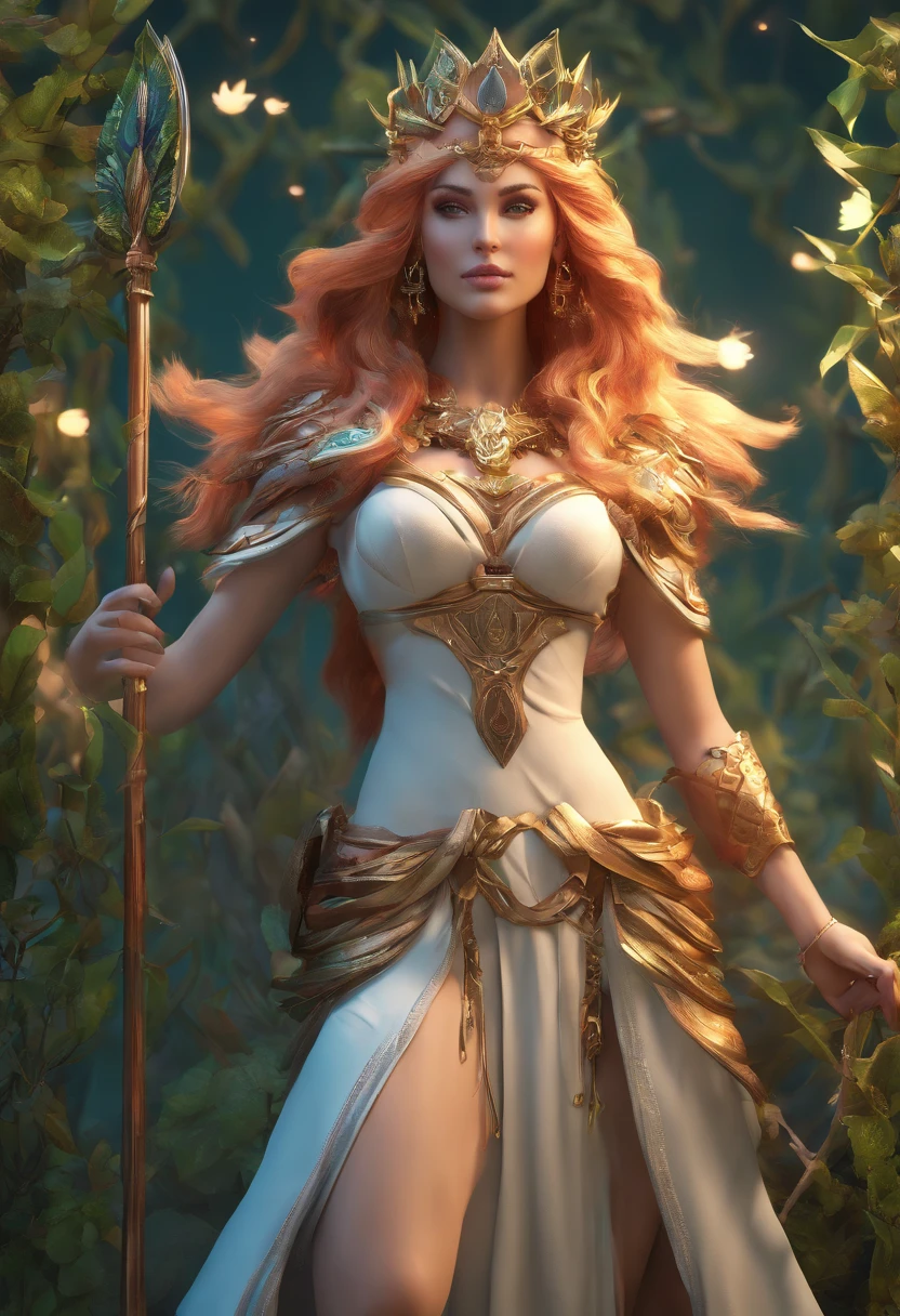 ultra detailed druid goddess with a crown made out of pure light, kind-hearted with a penetrating gaze, golden glow, extremely detailed and beautiful face, gorgeous body, soft copper-colored hair, she wears druid armor, ethereal, magical glow, fantasy art by Mschiffer, ultra sharp focus, ethereal glowy smoke, light particles, roses and vines, brambles