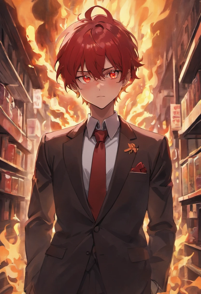 red glowing eyes,scar on his face, dark and sinister aura, smoking cigar, dressed in a sharp tailored suit, surrounded by flames and shadows, standing in a dark street, with shop lights light the scene, eerie atmosphere