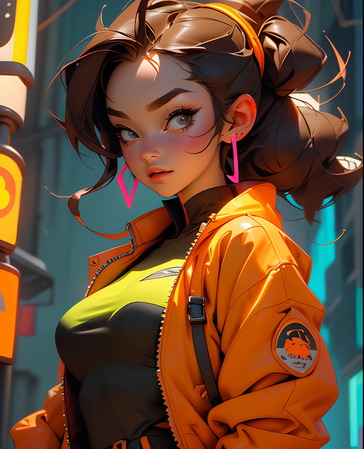（（best qualtiy）），（（tmasterpiece）），（（Realistis））Hyper-detail photography with a book girl wearing neon headphones。She's having（（brunette color hair）），Wear an orange tech jacket，Exuding（（Beauty and aesthetics））The atmosphere。Bigchest