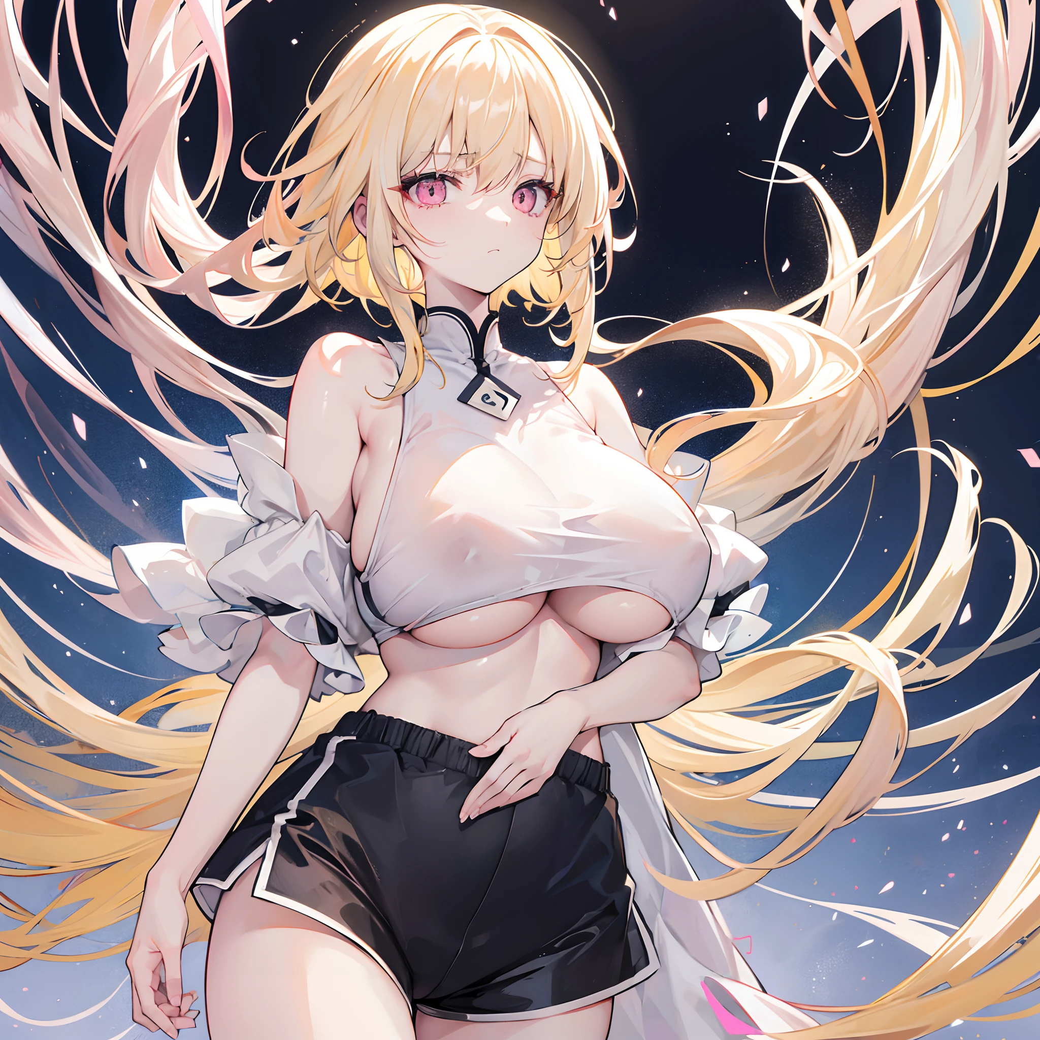 Long pale yellow hair scattered,Microvolumes,Pink eyes,White off-the-shoulder short sleeves,Protruding ,Black sports shorts,A sad expression,Place one hand on your chest,huge tit