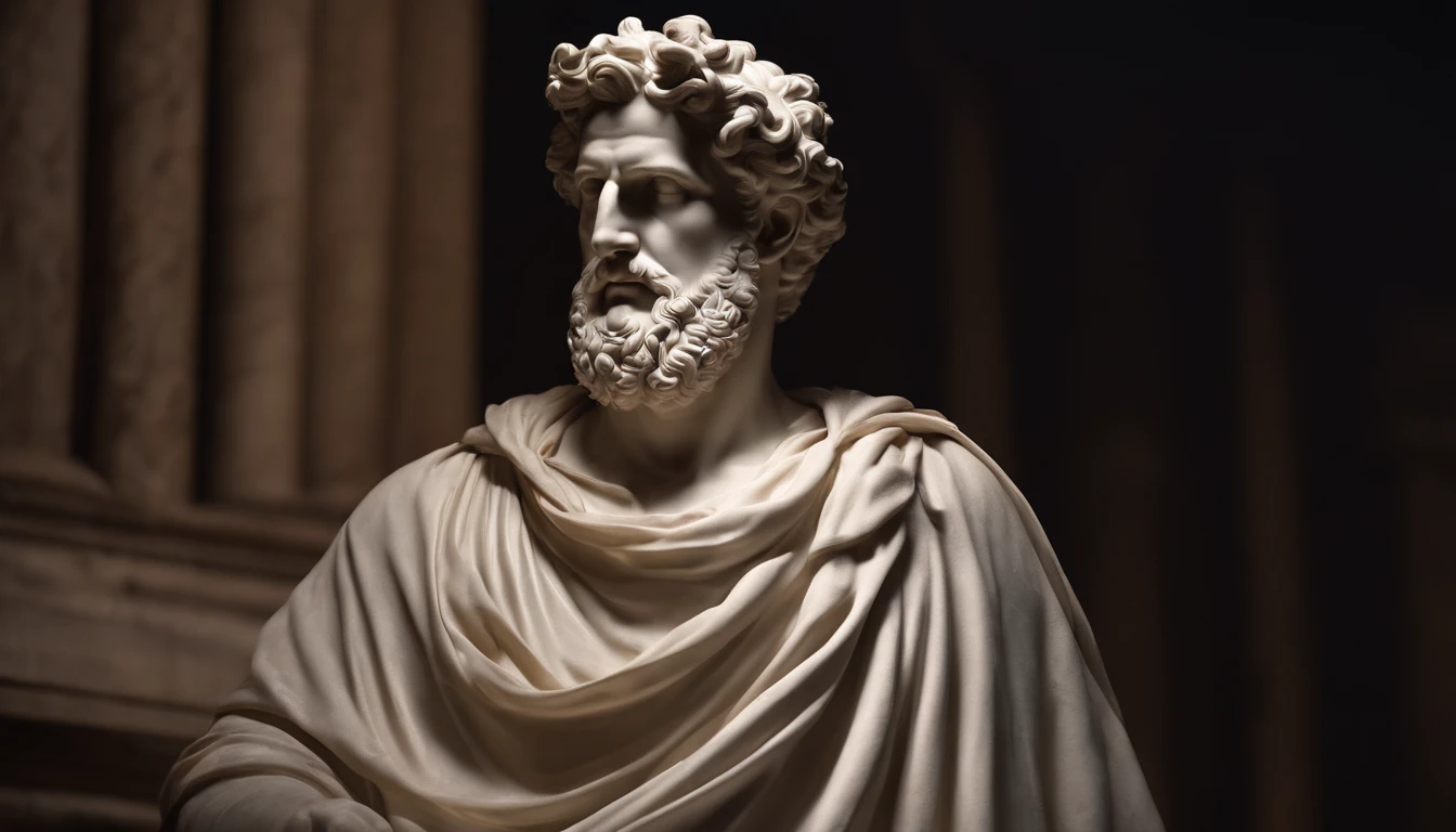 A realistic Greek white marble statue of Marcus Aurelius thoughtful detailed wearing a ghostly toga with spotlight and background dark, fundo sombrio, Moody, , fotorrealista, thoughtful movie dinner, super detalhada, hiper realista, pouca luz, 8K
