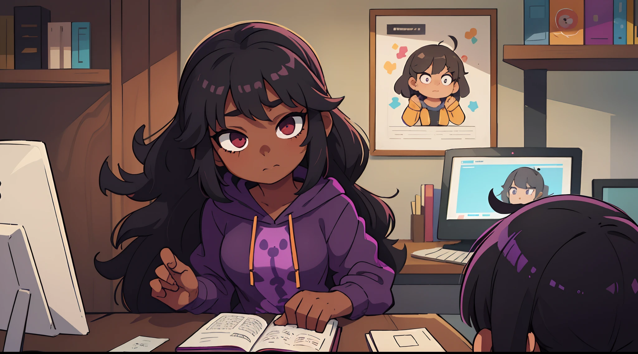 ((best quality, masterpiece)),
Dark-skinned girl with black wavy hair wearing purple hoodie, black pants