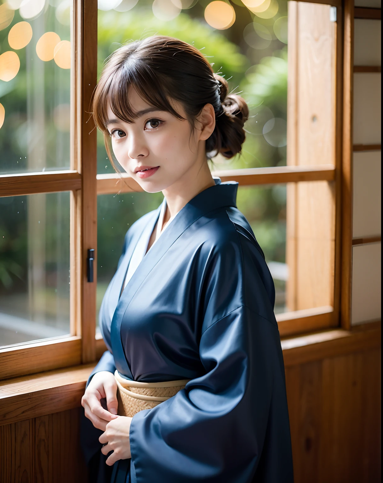 Best Quality, 超A high resolution, (Photorealistic:1.4), Raw photo, (upper waist:1.4), (Bokeh:1.7),(Window light only:1.6), (in bright japanese-style room:1.5),(Bright:1.5)
1日本人の女の子, (Solo), (Smile:1.2,Open mouth:0.7), (dark brown eyes), Natural Skin, (brown updo hair,Bangs),Standing
(blue silk kimono),(Obi)