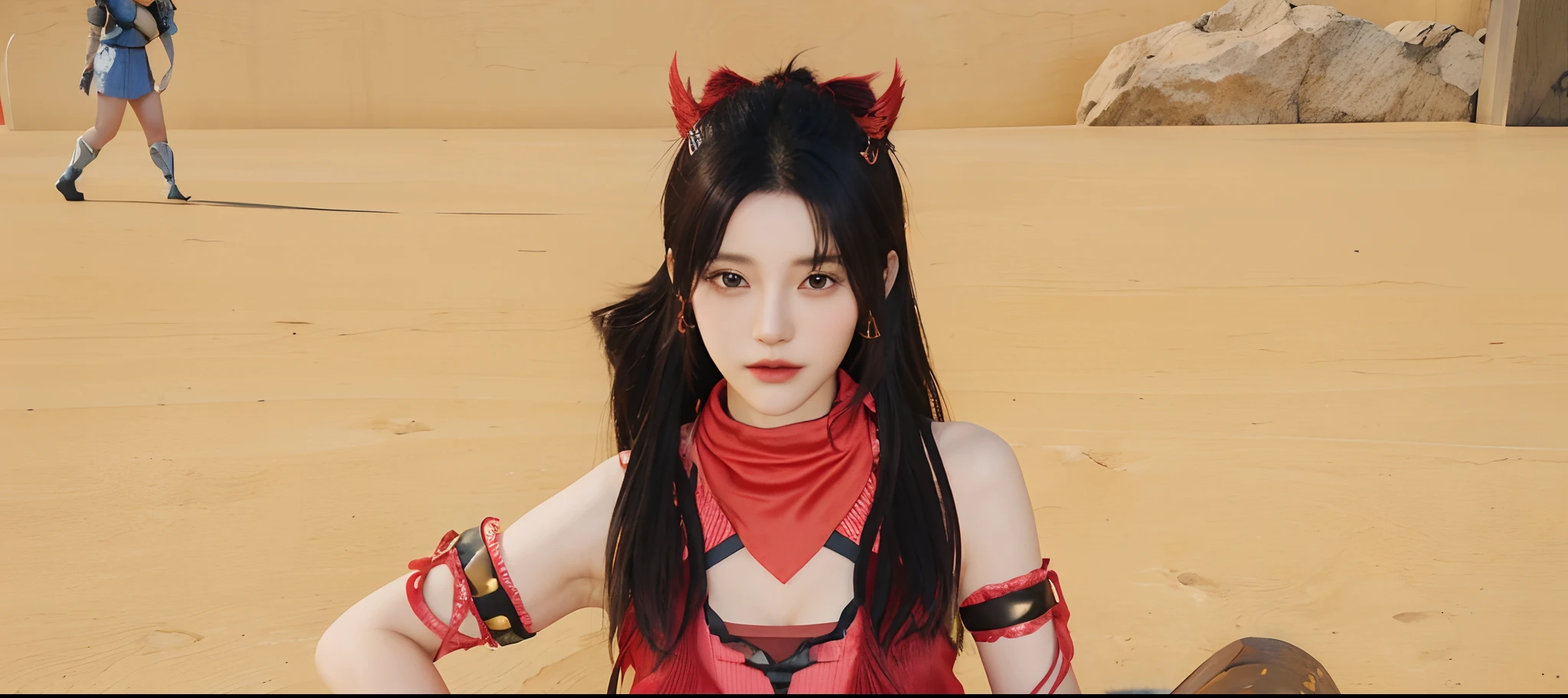 there is a woman in a red outfit , final fantasy 14 style, full body xianxia, zhongli from genshin impact, portrait of tifa lockhart, tifa, inspired by Pu Hua, keqing from genshin impact, female character, aesthetic!!!!!! female genie, tifa lockheart, inspired by Sim Sa-jeong