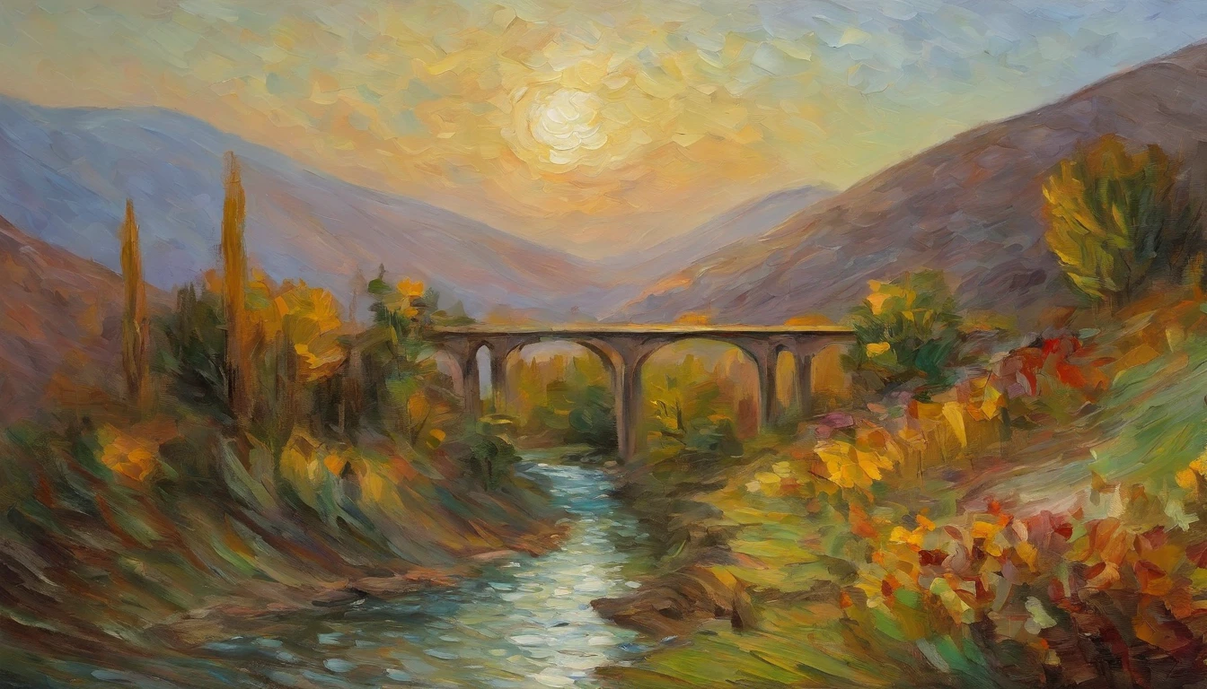 ​masterpiece、top-quality、Impresionismo,Paintings by professional painters,Claude Monet.scenary of mountainside.zigzag railroad.some railroad bridges running across rivers at dusk.