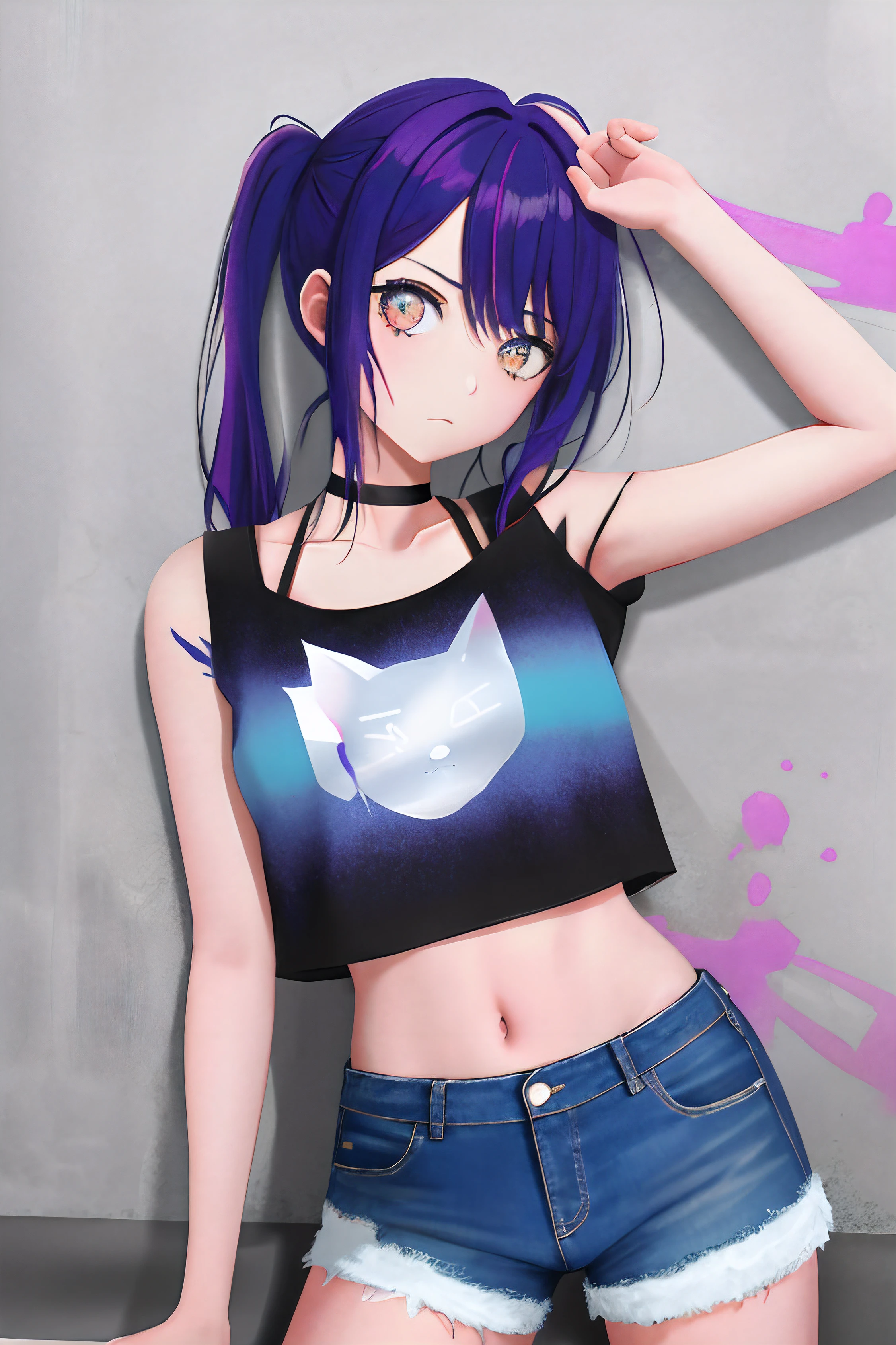 Absurdity, Top quality, Feline eared girl, Solo, Striped hair, Crop top, Denim shorts, Choker, (graffiti: 1.5), Splatters of paint, Arms back, (Leaning forward), Lean back, Leaning against the wall, (Tilting to the side: 0.25), Watch the viewer, Armbands, Thigh straps, Striped hair, Paint on the body, Upturned eyes, Head down, Head tilted, (from the side :0.75), bored, (expressionless: 0.75)