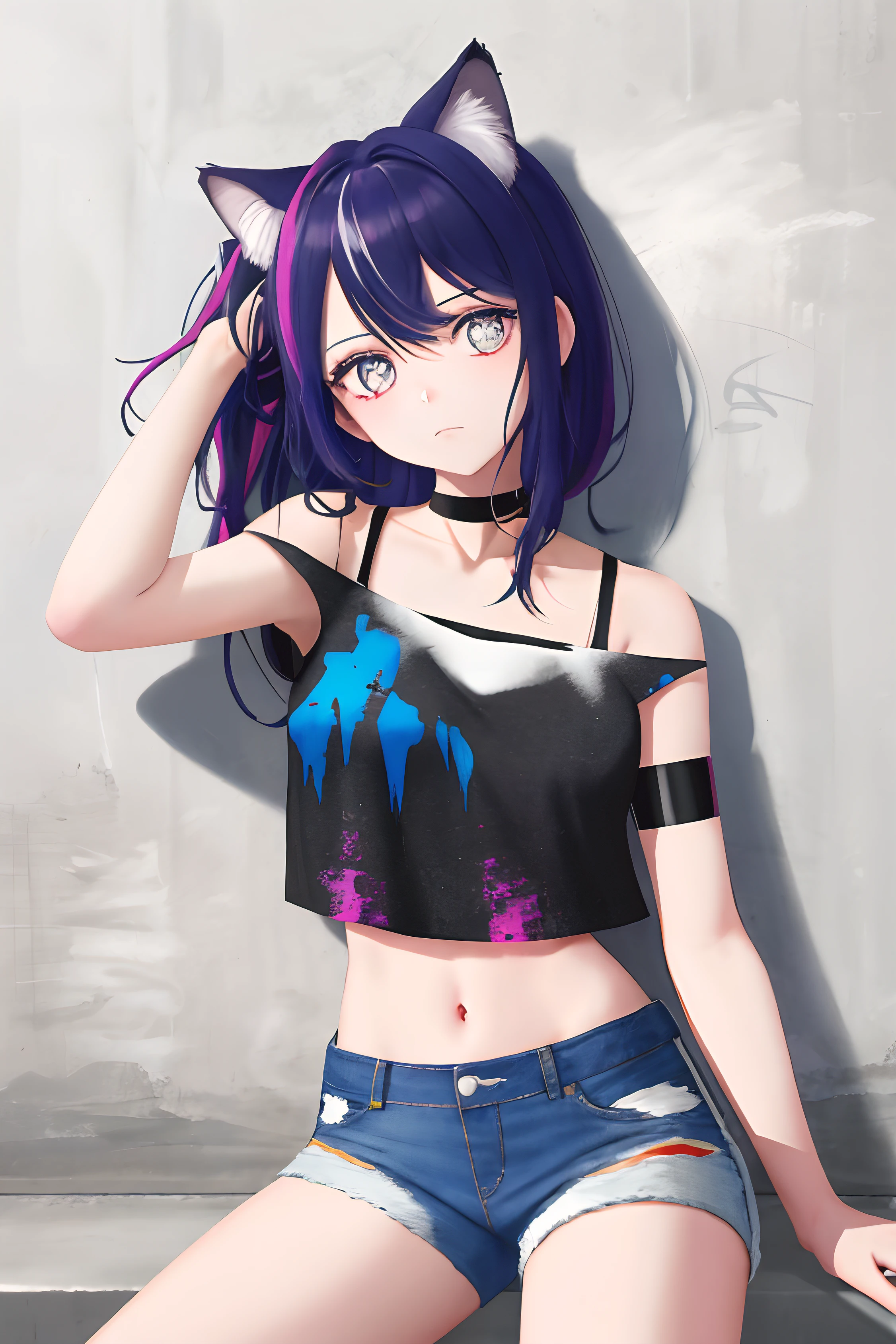 Absurdity, Top quality, Feline eared girl, Solo, Striped hair, Crop top, Denim shorts, Choker, (graffiti: 1.5), Splatters of paint, Arms back, (Leaning forward), Lean back, Leaning against the wall, (Tilting to the side: 0.25), Watch the viewer, Armbands, Thigh straps, Striped hair, Paint on the body, Upturned eyes, Head down, Head tilted, (from the side :0.75), bored, (expressionless: 0.75)