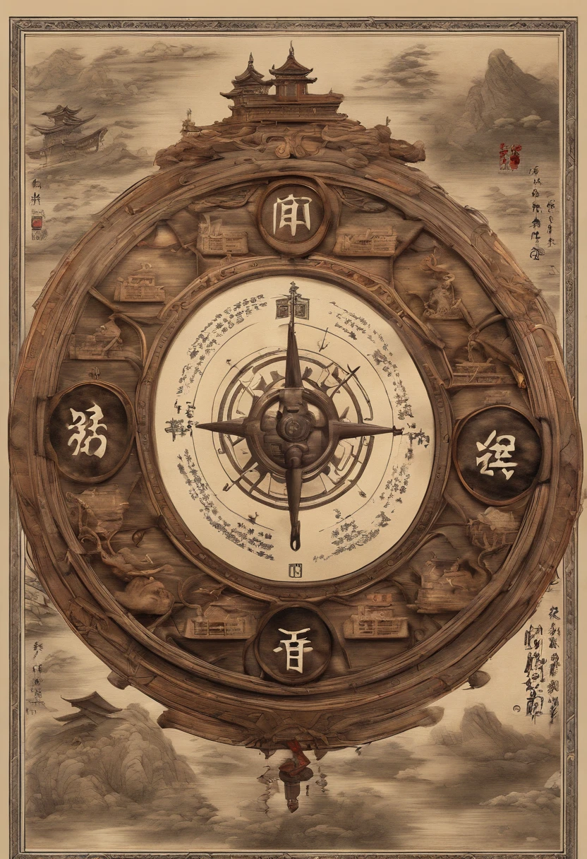 (Best quality,4K,8K,A high resolution,Masterpiece:1.2),Ultra-detailed,(Realistic,Photorealistic,photo-realistic:1.37),Chinese Taoist compass, Burning Chinese talismans, Mahogany sword, Traditional ink painting, Ancient calligraphy, Enigmatic Atmosphere, Vibrant colors, Ethereal lighting