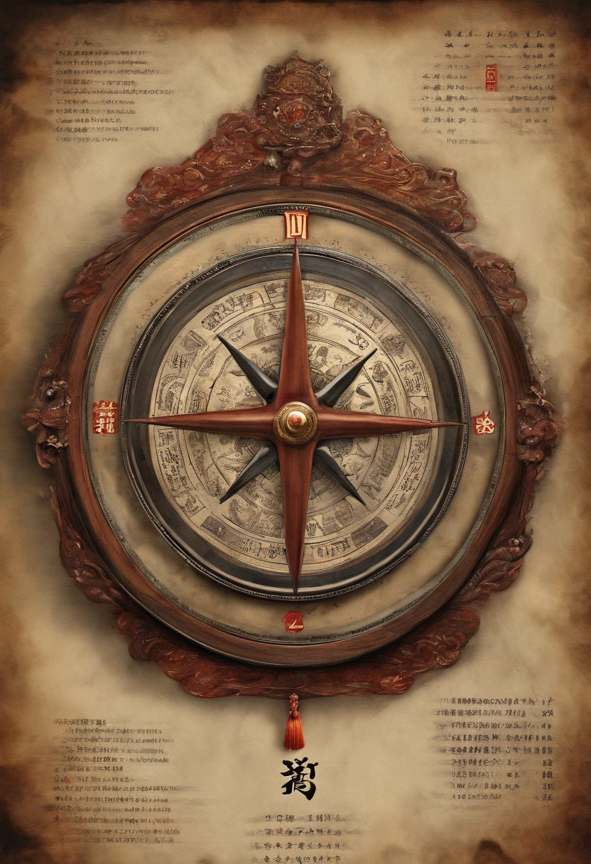 (Best quality,4K,8K,A high resolution,Masterpiece:1.2),Ultra-detailed,(Realistic,Photorealistic,photo-realistic:1.37),Chinese Taoist compass, Burning Chinese talismans, Mahogany sword, Traditional ink painting, Ancient calligraphy, Enigmatic Atmosphere, Vibrant colors, Ethereal lighting