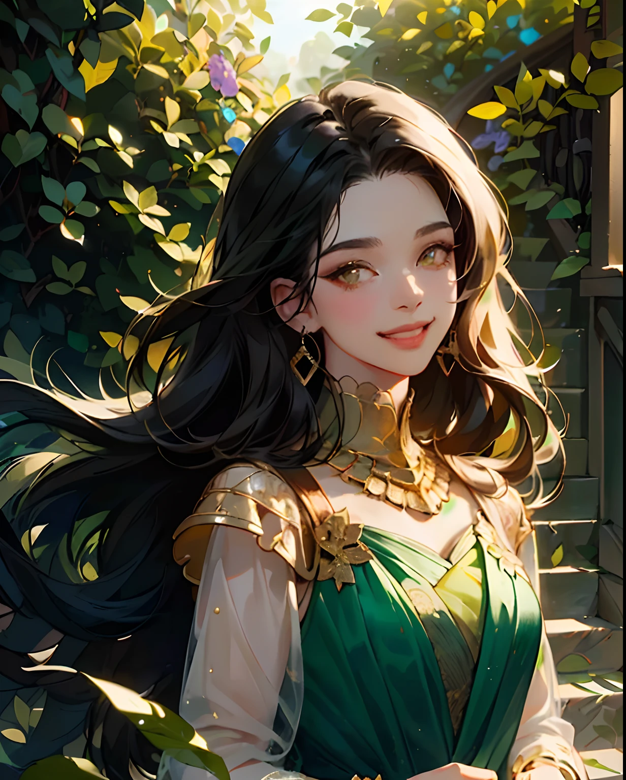 oil paiting, (woman, dark skin, gold_eyes, black long hair, in green luxury_dress, blue and gold jewelry, locking at viewer, sidelocks, smiling), (botanical, stair, leaf, flower background), (intricate, Cinematic lighting, glowing, dramatic lighting, beautiful detailed glow, masterpiece, best quality)