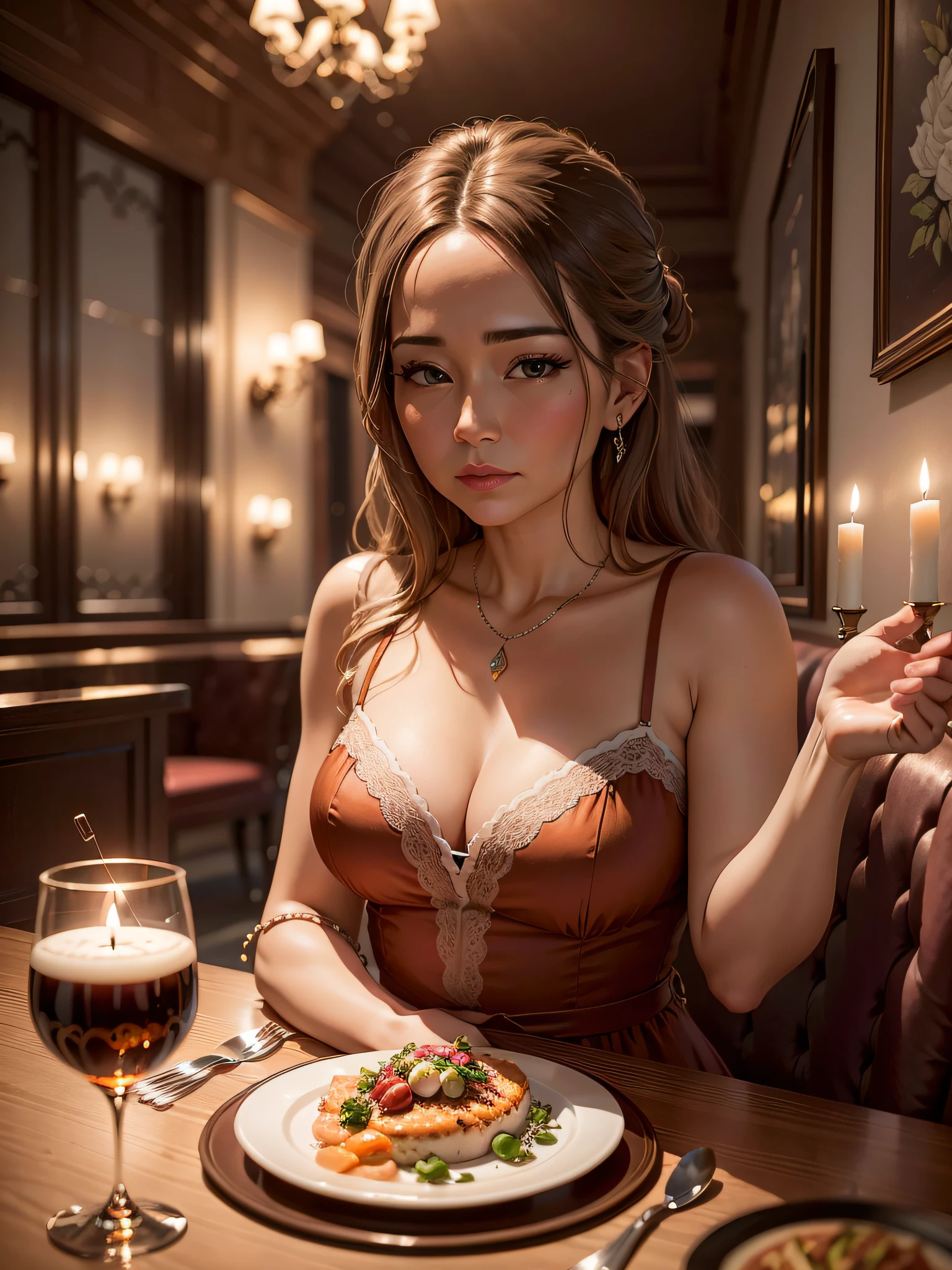 Create a scene of a 40-year-old woman, who enjoys an elegant dinner in an upscale restaurant, mit exquisitem Dekor. Oil painting, Restaurant-Dinner-Stil, Inspiration for dinner paintings, pixiv, Kulinarische Details, candle lighting, Introduce a subtle flare effect, to add a touch of realism and atmosphere to the scene