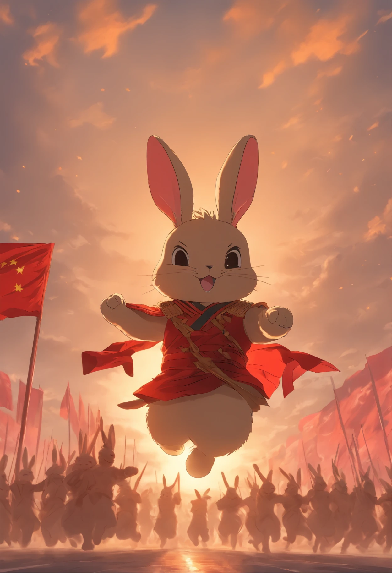 in the early morning,sunraise,Tiananmen,Raise the flag,anthropomorphic rabbit