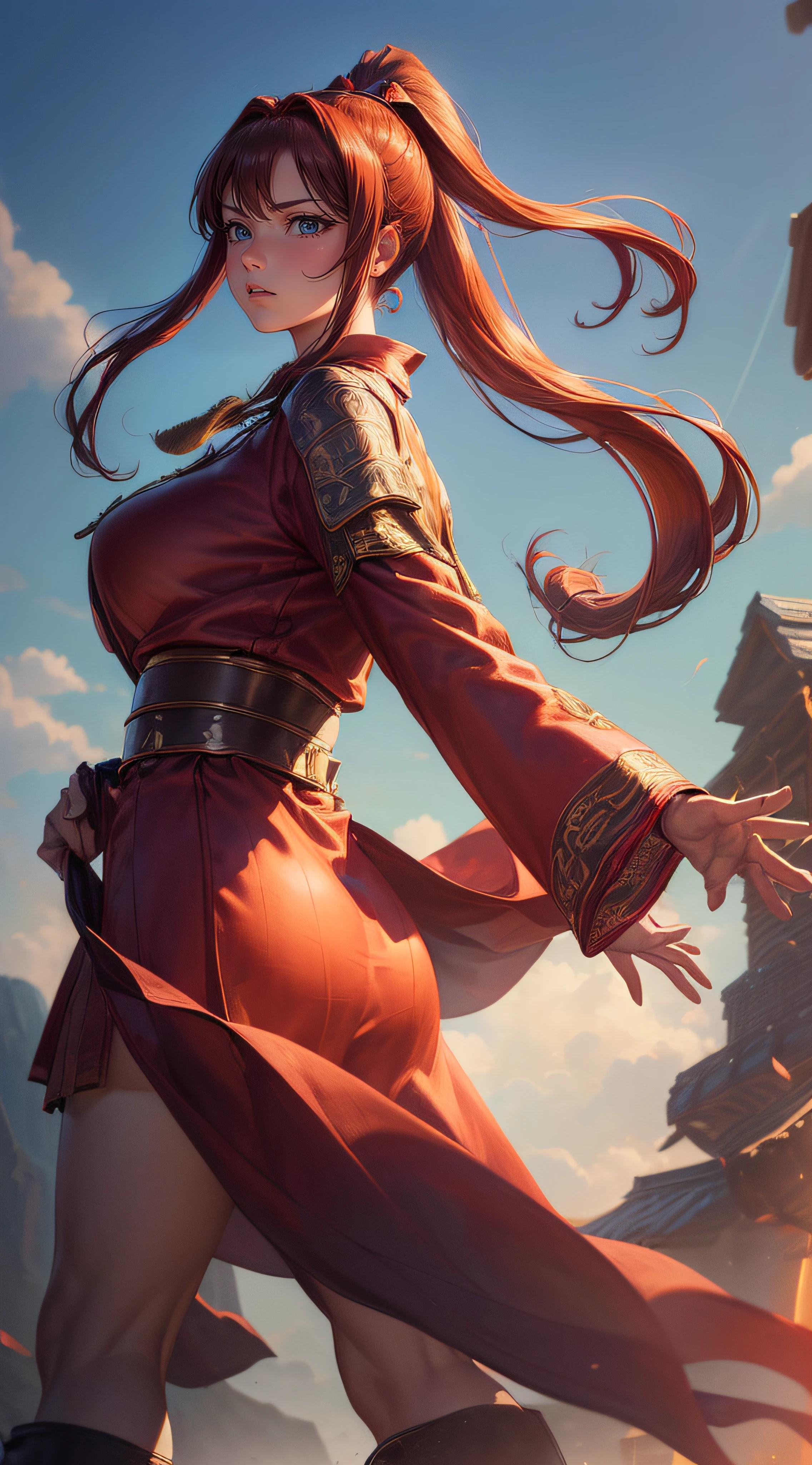 ((from below:1.5),(looking at viewer:2)),(1girl,full body,beautiful breasts,medium breasts,pale skin,pointy breasts,erect nipples,sweat,(outstretched hand:1.2)),(clothed:1.2,leather boots,(carbon waist-cape armor:1.5),belt sword,(embroidered red china clothes:1.5,(long silk sarong:1.2))),(((realistic:2),high resolution,best quality,masterpiece)),((extra long ponytail:1.2),hair blowing in the wind,blunt bangs,(extra light coppery red hair,highlight color),hair over one eye,hair blowing in the wind),(face forward:1.5),(water:1.2)